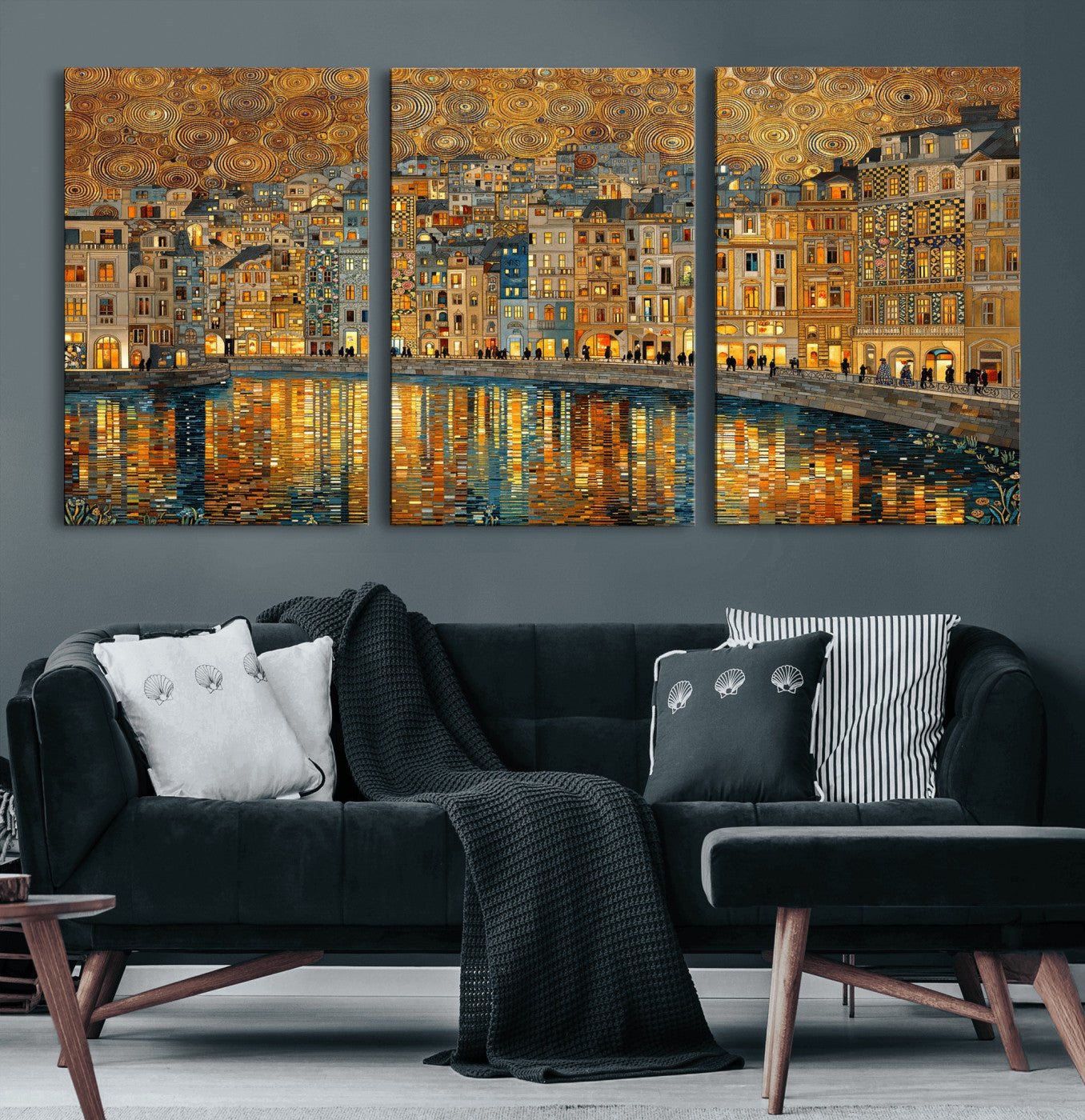 94022787-MGV-CV-36X24 - Gustav Klimt Golden Cityscape Wall Art Canvas Print, Framed River Town Landscape Artwork, Ornate Architecture Wall Decor for Living Room Bedroom Office