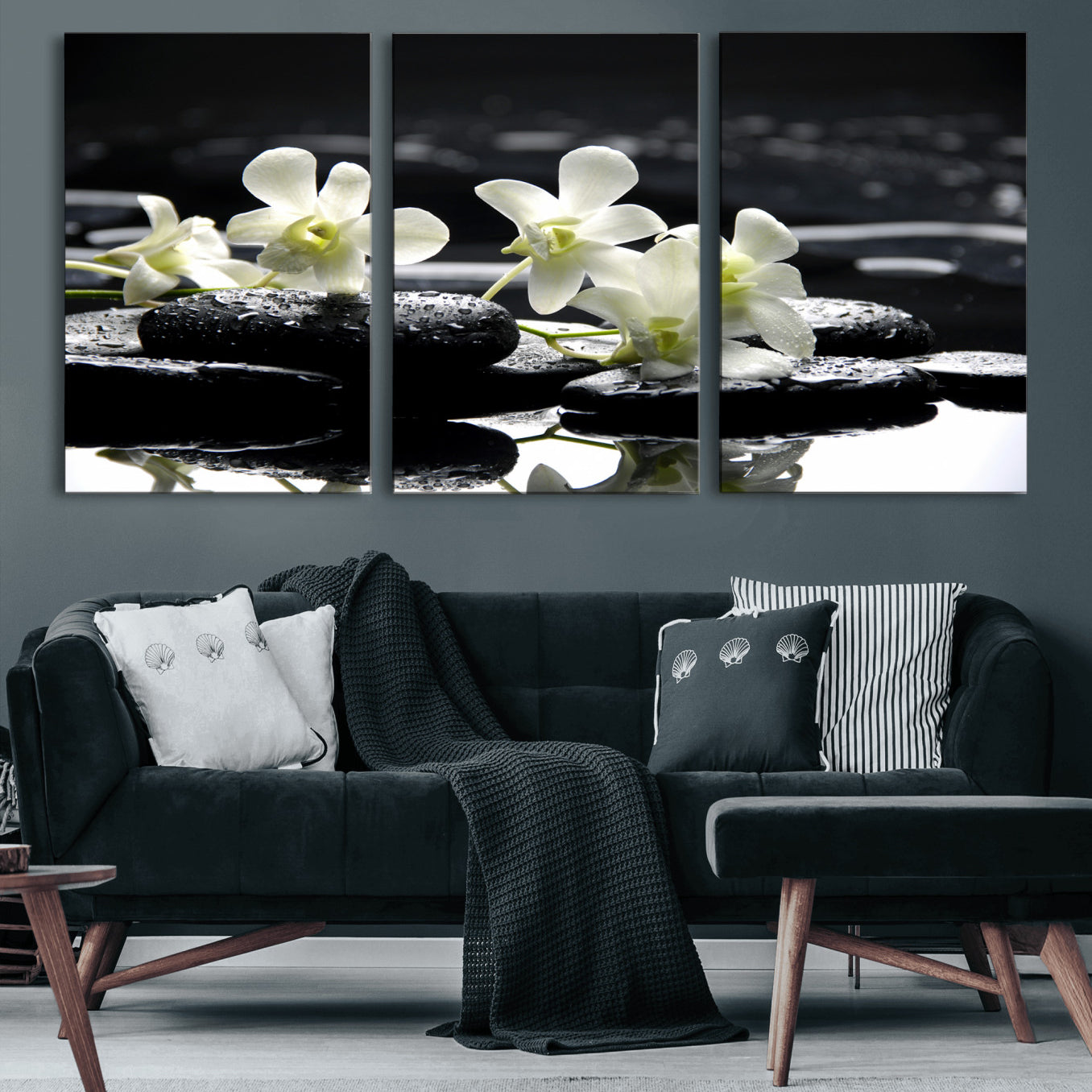 79486206-MGV-CV-36X24 - Plumeria Frangipani Black Stone Canvas | White Flower Spa Photography Print | Tropical Zen Wall Art | Grey Pebble Floral for Meditation Room Decor