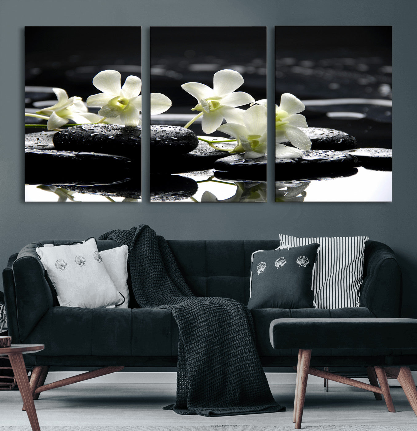 79486206-MGV-CV-36X24 - Plumeria Frangipani Black Stone Canvas | White Flower Spa Photography Print | Tropical Zen Wall Art | Grey Pebble Floral for Meditation Room Decor