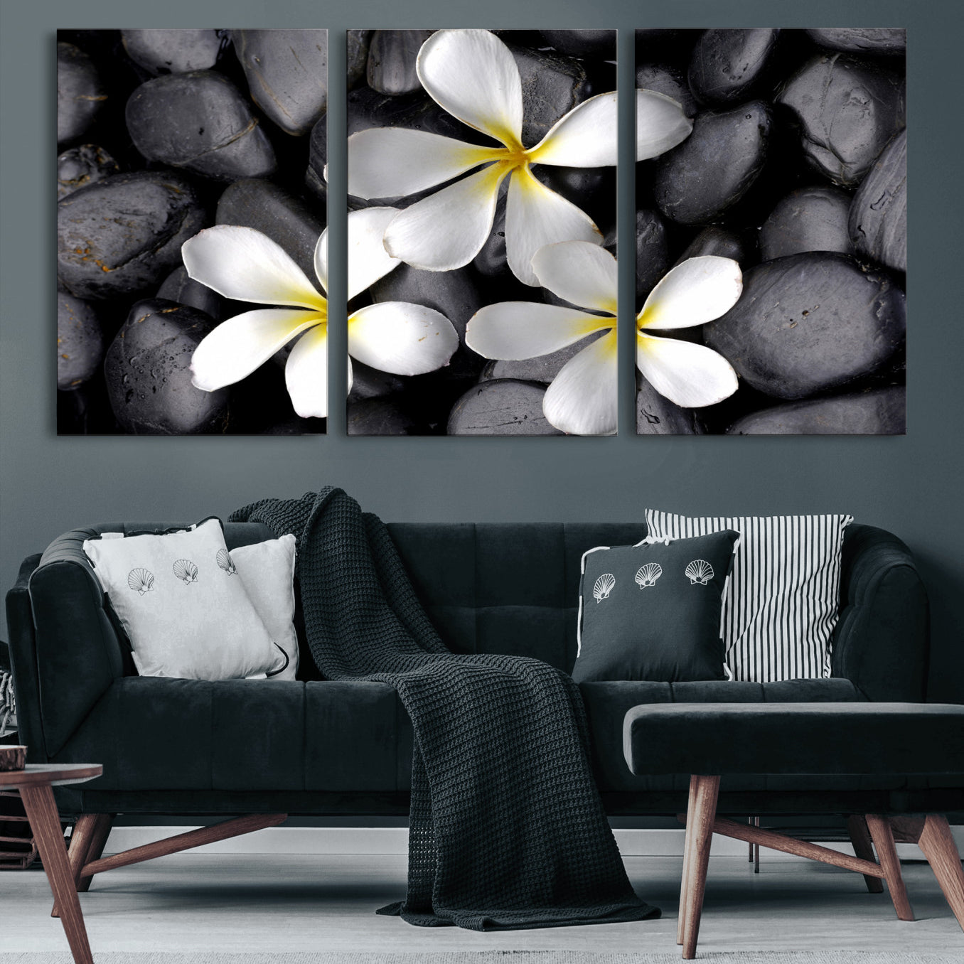 43639613-MGV-CV-36X24 - Plumeria Frangipani Black Stone Canvas | White Flower Spa Photography Print | Tropical Zen Wall Art | Grey Pebble Floral Decor