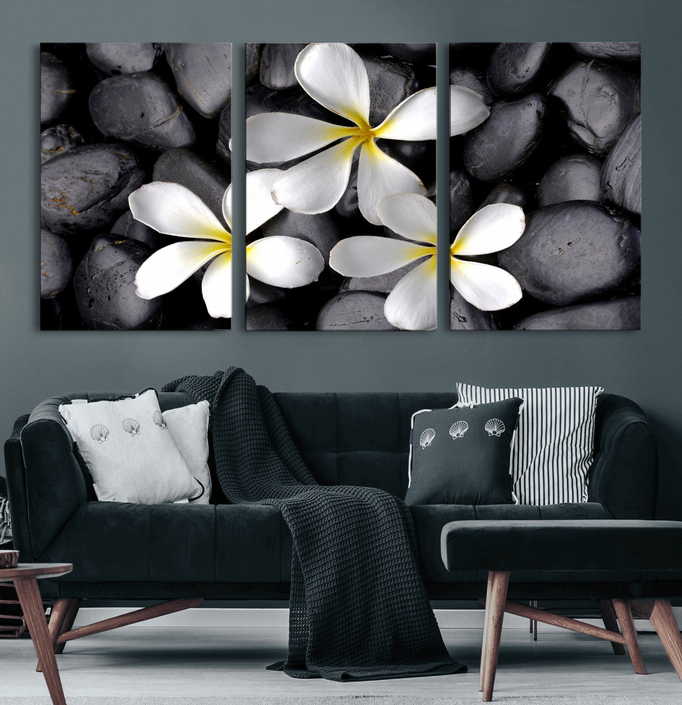 43639613-MGV-CV-36X24 - Plumeria Frangipani Black Stone Canvas | White Flower Spa Photography Print | Tropical Zen Wall Art | Grey Pebble Floral Decor