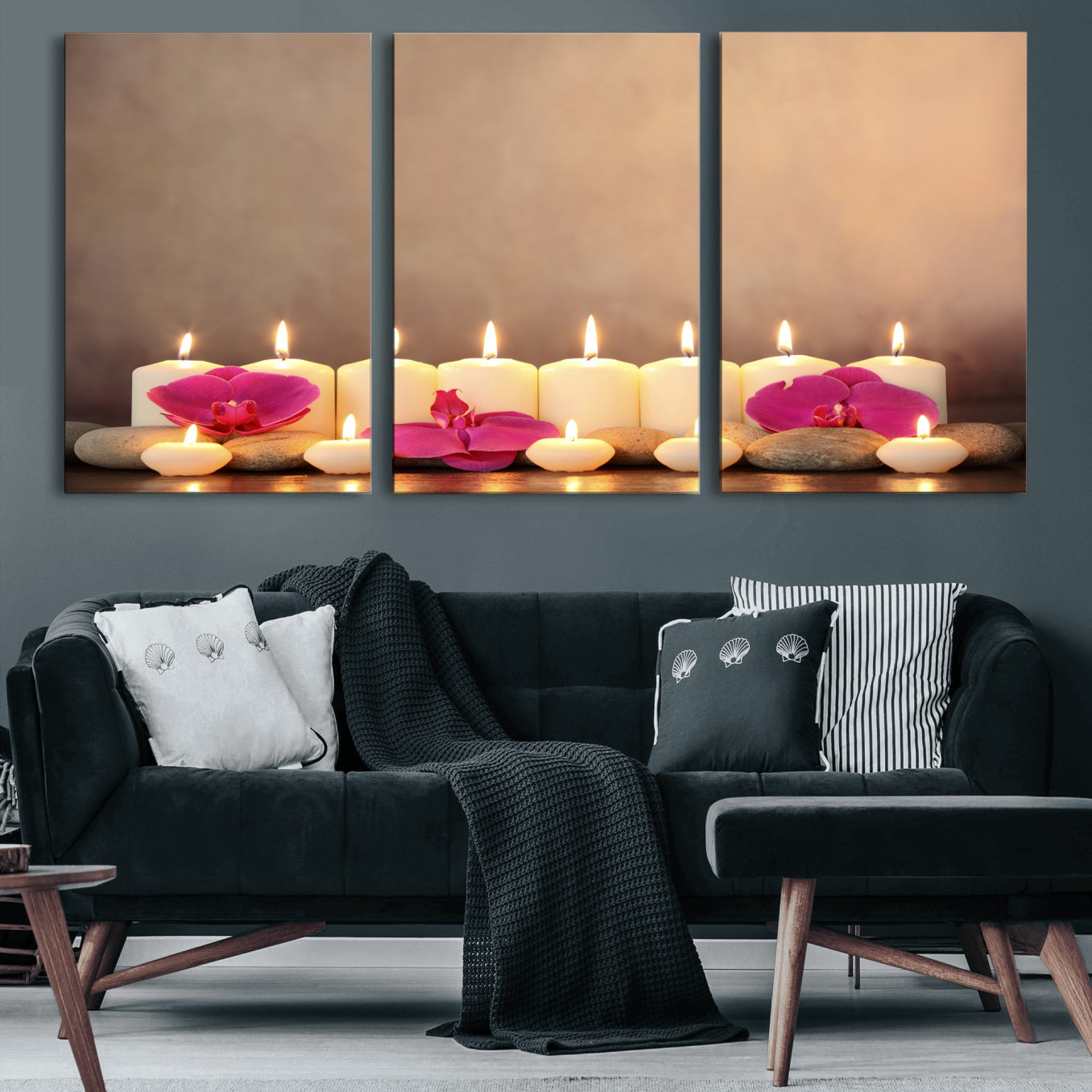 59470569-MGV-CV-36X24 - Spa Candles Orchid Canvas Print | Zen Wellness Relaxation Wall Art | Pink Flower Candlelight Bathroom Decor | Calm Beige Photography