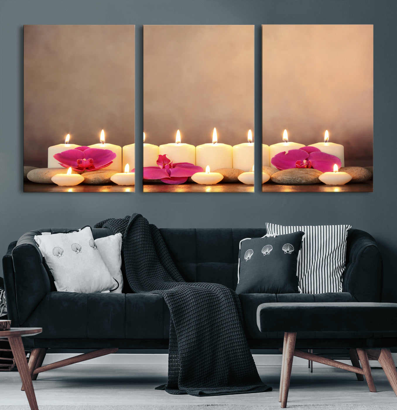 59470569-MGV-CV-36X24 - Spa Candles Orchid Canvas Print | Zen Wellness Relaxation Wall Art | Pink Flower Candlelight Bathroom Decor | Calm Beige Photography