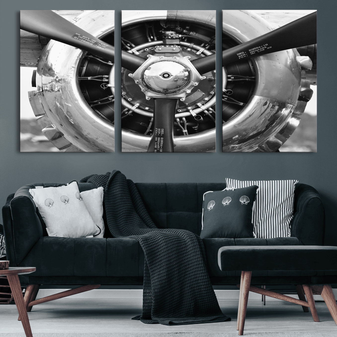 73322230-MGV-CV-36X24 - Vintage Propeller Plane Wall Art Canvas Print, Black and White Airplane Engine Close Up Framed Aviation Artwork for Pilot Office Hangar Decor