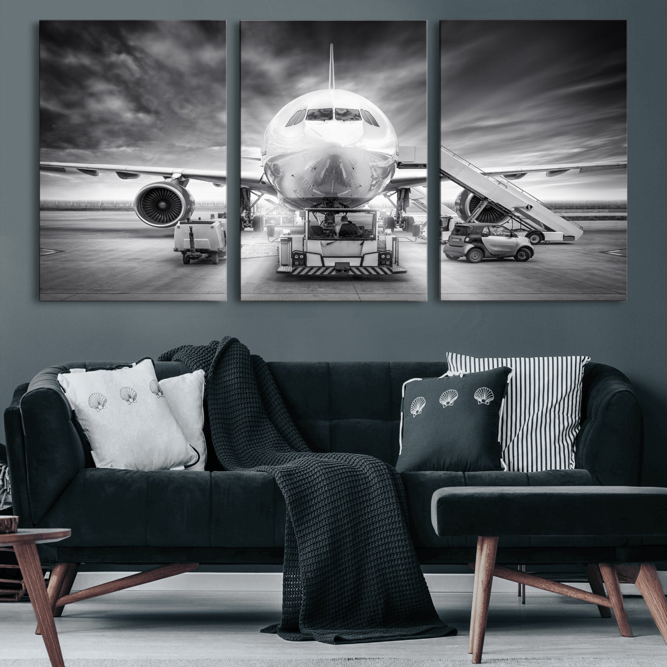 85885848-MGV-CV-36X24 - Airplane Wall Art Canvas Print, Black and White Jet Aircraft Airport Runway Framed Aviation Artwork for Pilot Office Hangar Travel Decor