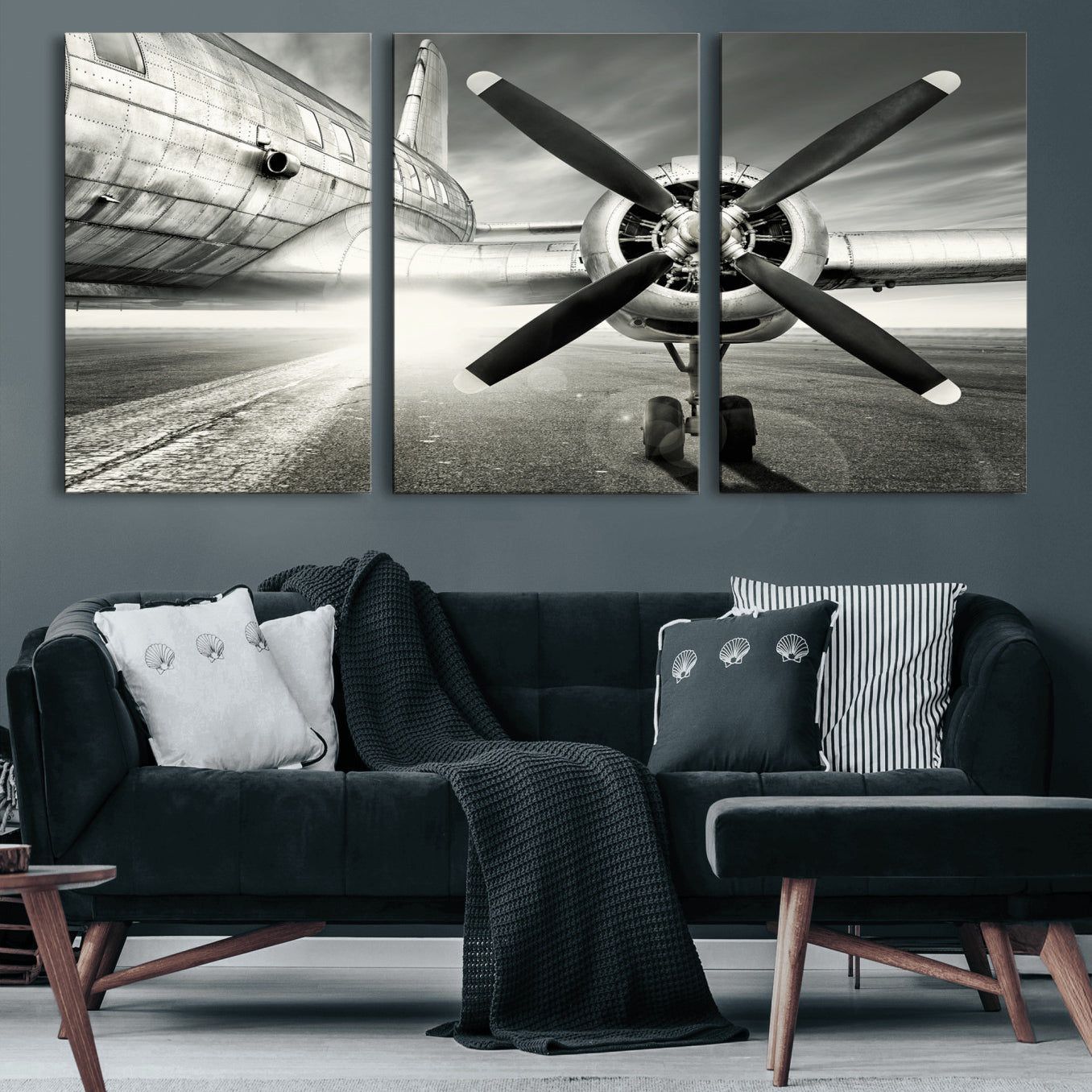 16420255-MGV-CV-36X24 - Vintage Airplane Wall Art Canvas Print, Black and White Propeller Aircraft Framed Aviation Artwork for Pilot Office Hangar Living Room Decor