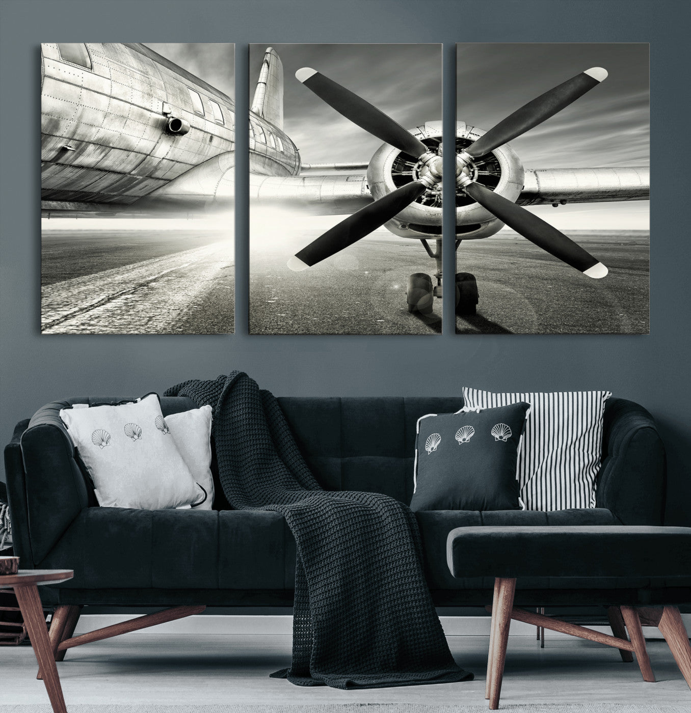 16420255-MGV-CV-36X24 - Vintage Airplane Wall Art Canvas Print, Black and White Propeller Aircraft Framed Aviation Artwork for Pilot Office Hangar Living Room Decor