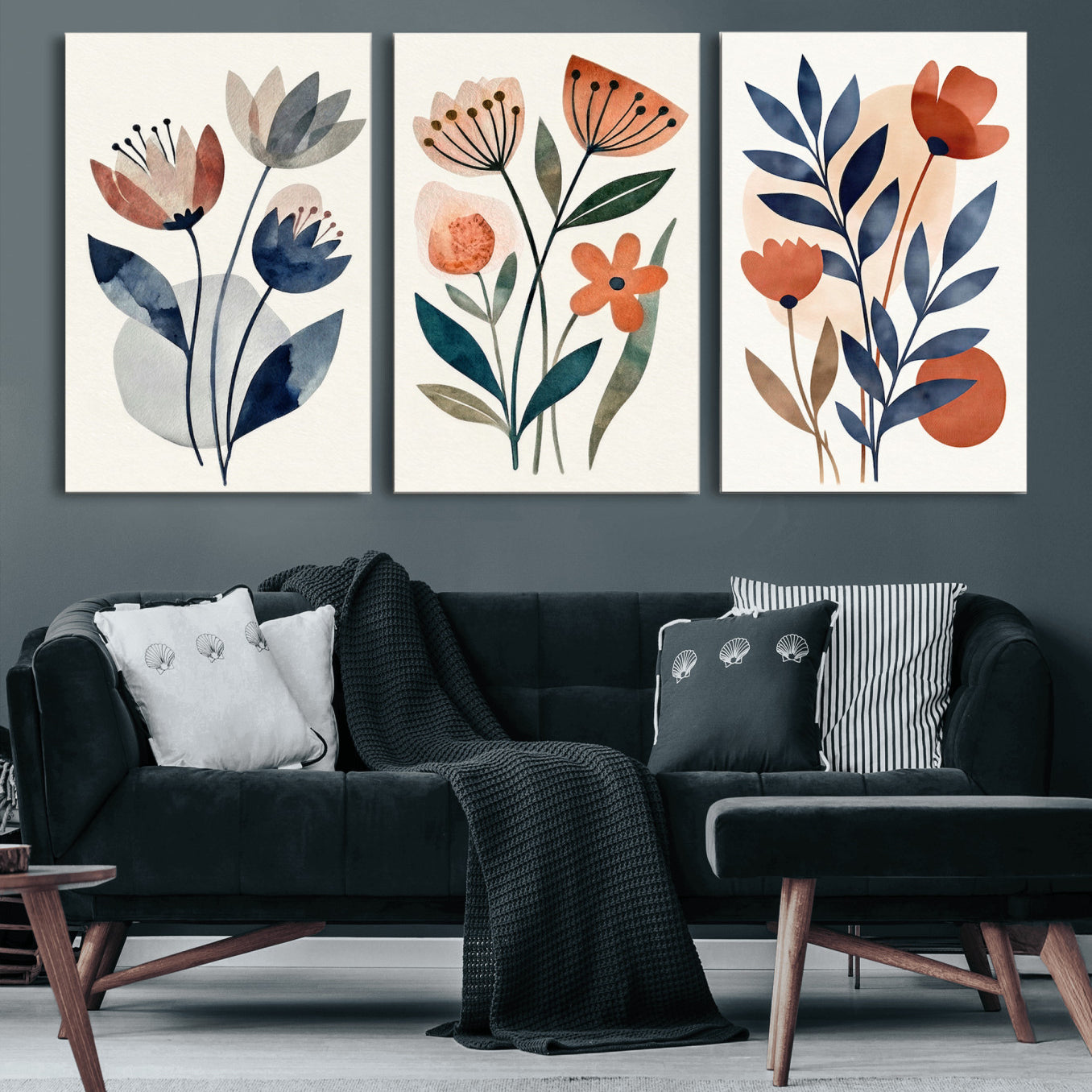 64426285-MGV-CV-60X30-3P - Watercolor Botanical Canvas Wall Art Set, Navy Terracotta Floral Triptych Print, Minimalist Flower Decor, Boho Living Room Art, Scandinavian Nature Print