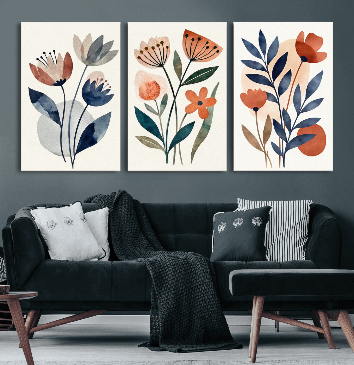 64426285-MGV-CV-60X30-3P - Watercolor Botanical Canvas Wall Art Set, Navy Terracotta Floral Triptych Print, Minimalist Flower Decor, Boho Living Room Art, Scandinavian Nature Print