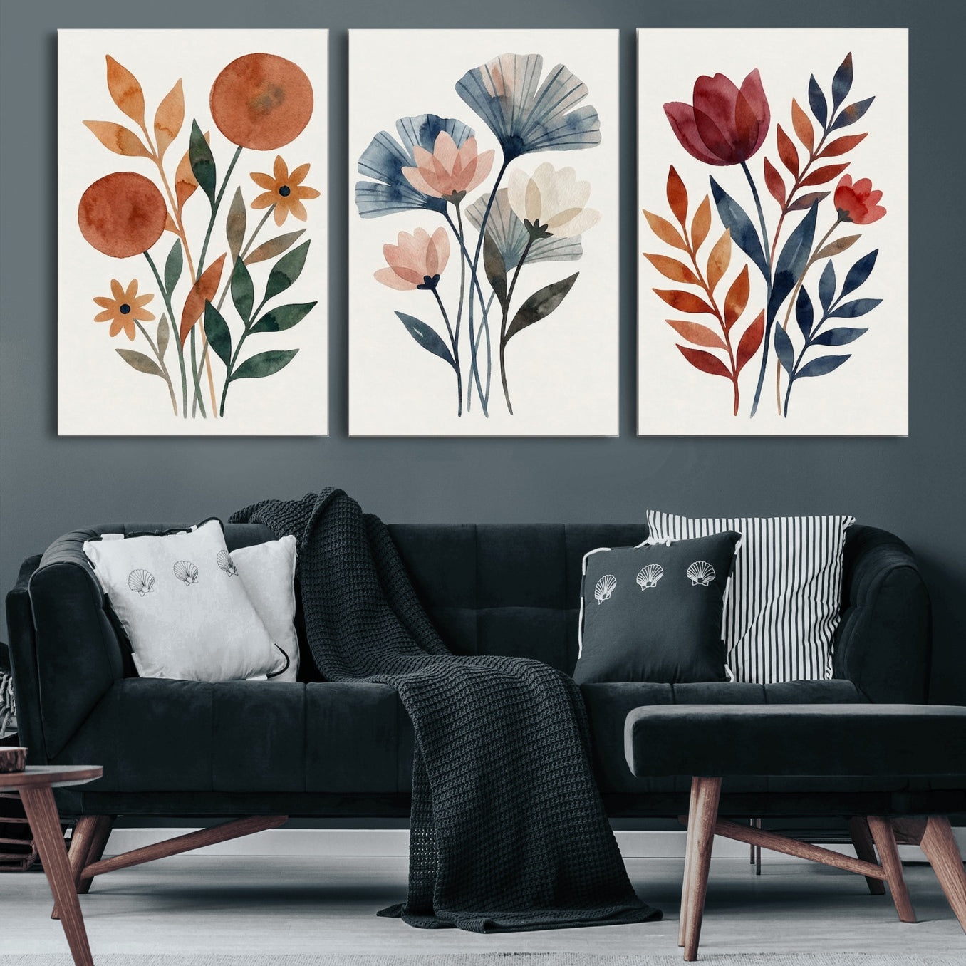 95190931-MGV-CV-60X30-3P - Watercolor Botanical Canvas Wall Art Set, Navy Terracotta Floral Triptych Print, Minimalist Flower Decor, Boho Living Room Art, Scandinavian Nature Print