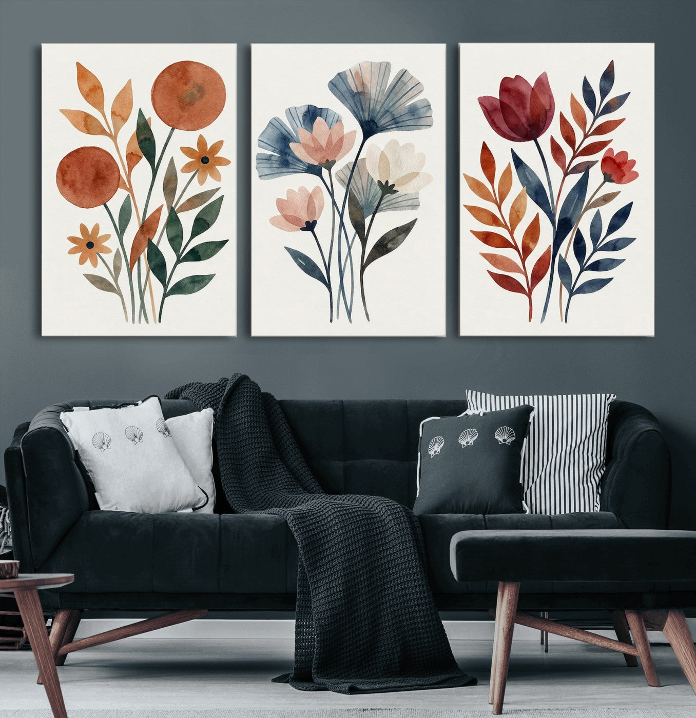 95190931-MGV-CV-60X30-3P - Watercolor Botanical Canvas Wall Art Set, Navy Terracotta Floral Triptych Print, Minimalist Flower Decor, Boho Living Room Art, Scandinavian Nature Print