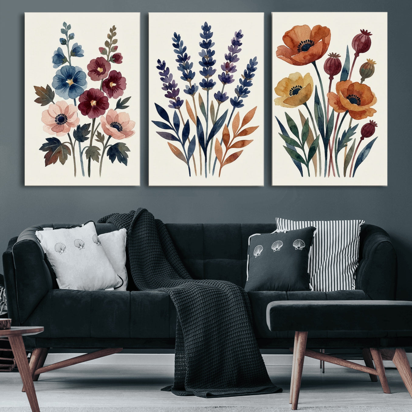66468390-MGV-CV-60X30-3P - Watercolor Botanical Canvas Wall Art Set, Navy Terracotta Floral Triptych Print, Minimalist Flower Decor, Boho Living Room Art, Scandinavian Nature Print