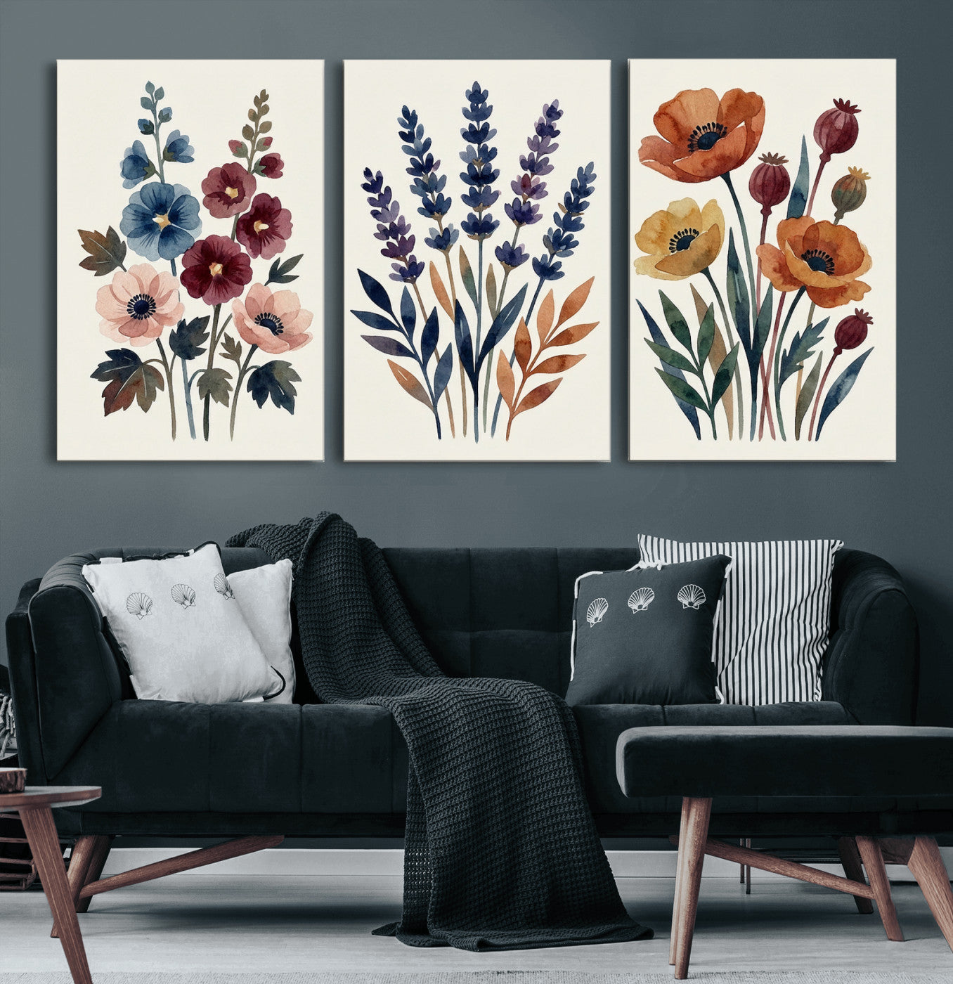 66468390-MGV-CV-60X30-3P - Watercolor Botanical Canvas Wall Art Set, Navy Terracotta Floral Triptych Print, Minimalist Flower Decor, Boho Living Room Art, Scandinavian Nature Print