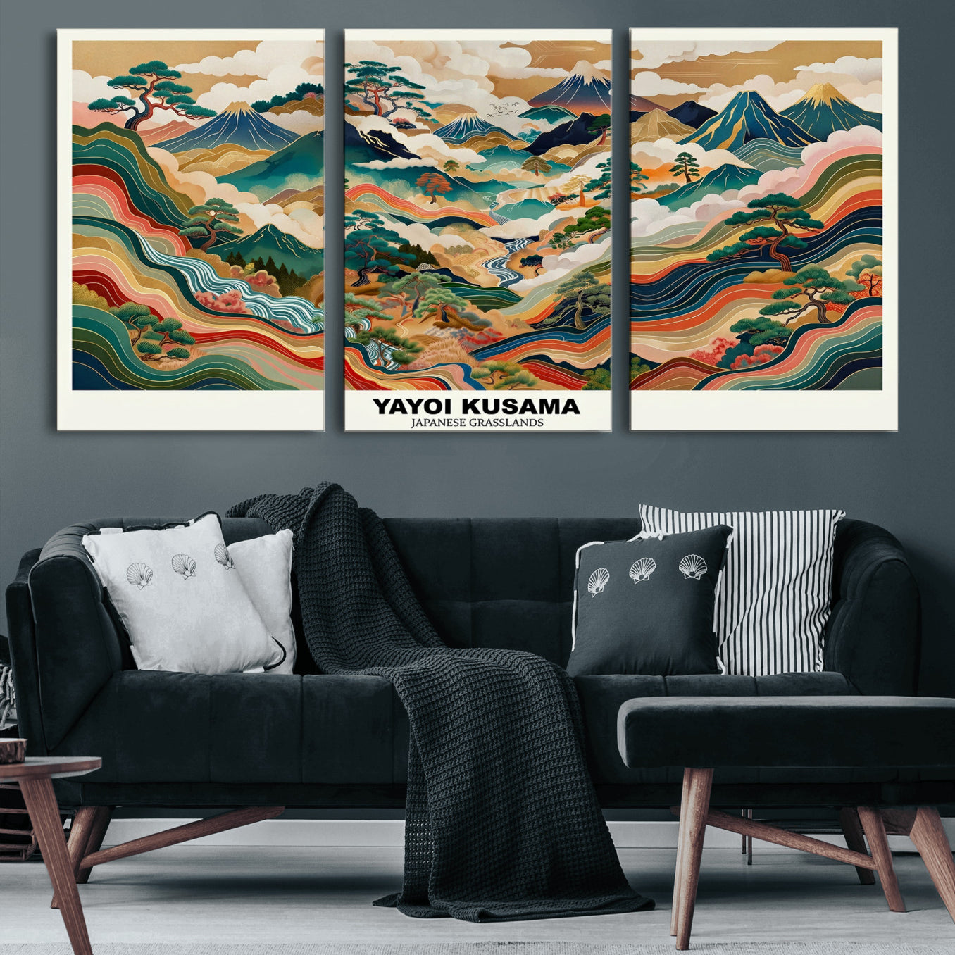 89903380-MGV-CV-60X30-3P - Japanese Grasslands Canvas Wall Art, Kusama Inspired Landscape Print, Colorful Japanese Nature Poster, Ukiyo-e Style Mountain Decor, Asian Art Print