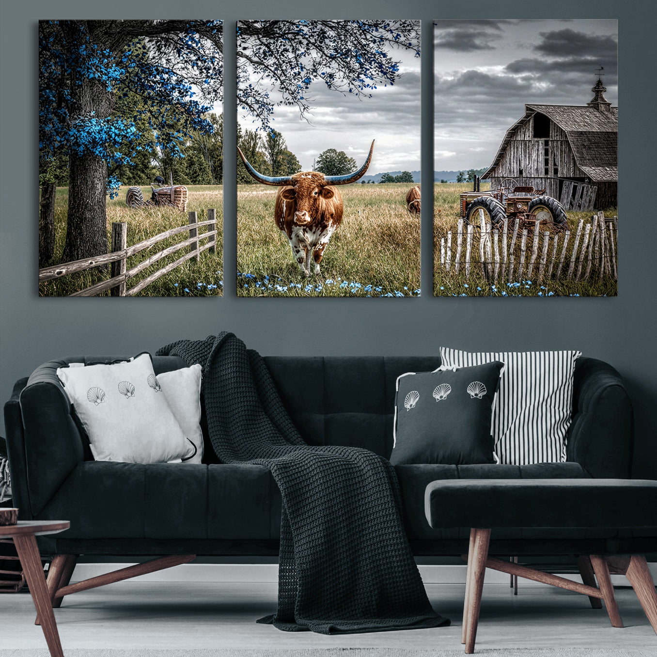40526446-MGV-CV-60X30-3P - Texas Longhorn Canvas Wall Art, Rustic Farm Barn Bluebonnet Photography Print, Farmhouse Country Decor, Western Ranch Art, Old Truck Tractor Print