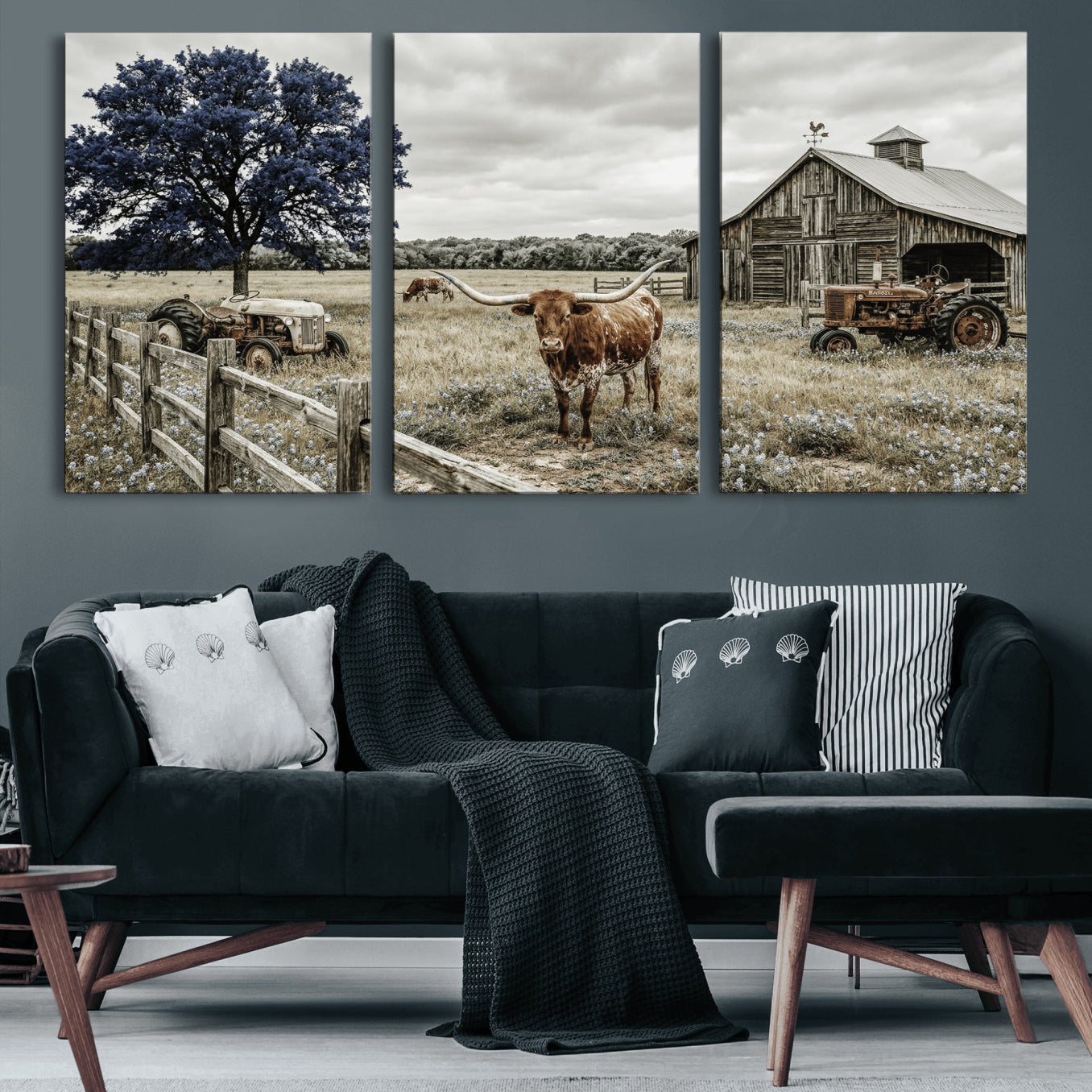 34049737-MGV-CV-60X30-3P - Texas Longhorn Canvas Wall Art, Rustic Farm Barn Bluebonnet Photography Print, Farmhouse Country Decor, Western Ranch Art, Old Truck Tractor Print