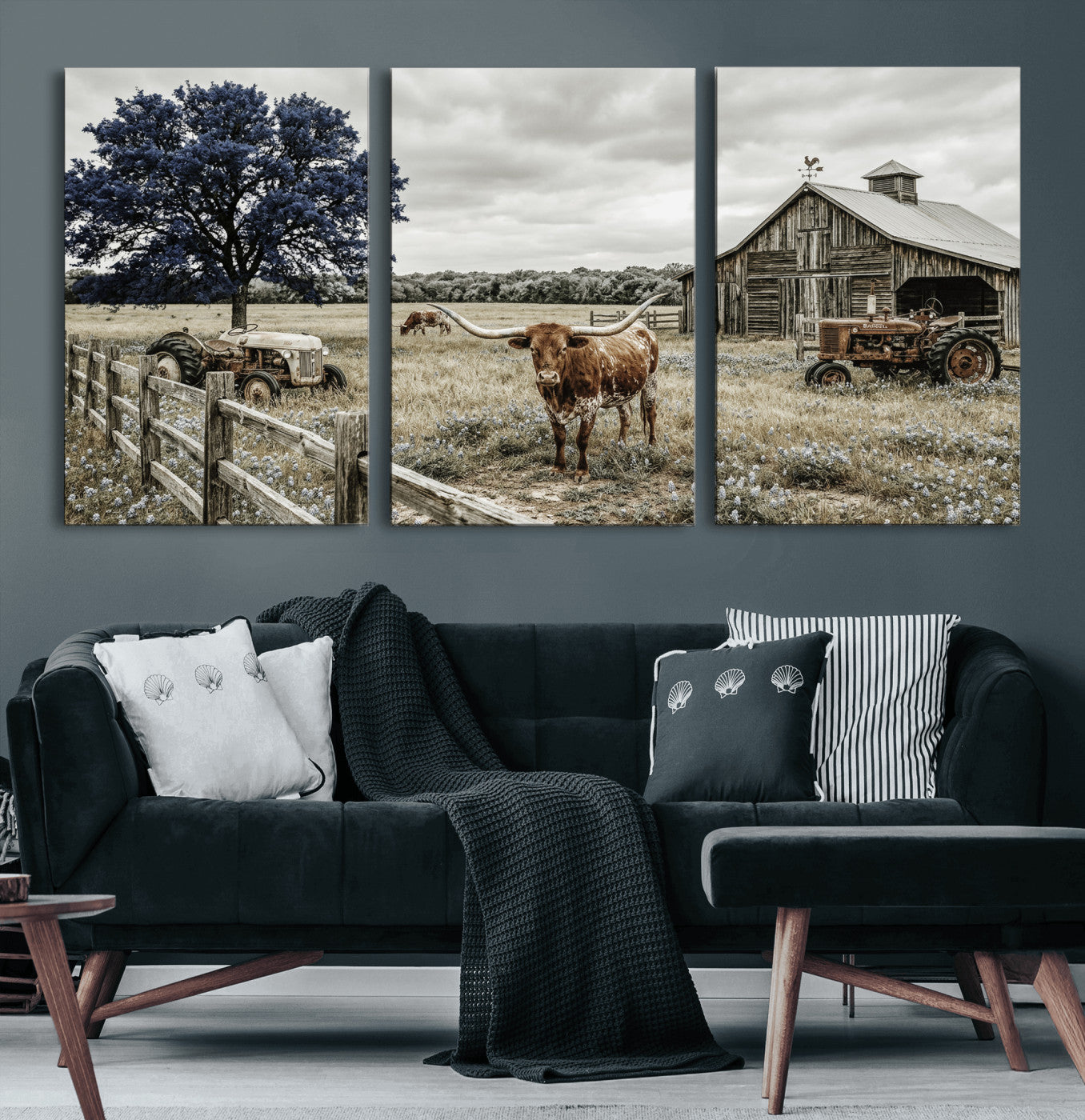 34049737-MGV-CV-60X30-3P - Texas Longhorn Canvas Wall Art, Rustic Farm Barn Bluebonnet Photography Print, Farmhouse Country Decor, Western Ranch Art, Old Truck Tractor Print