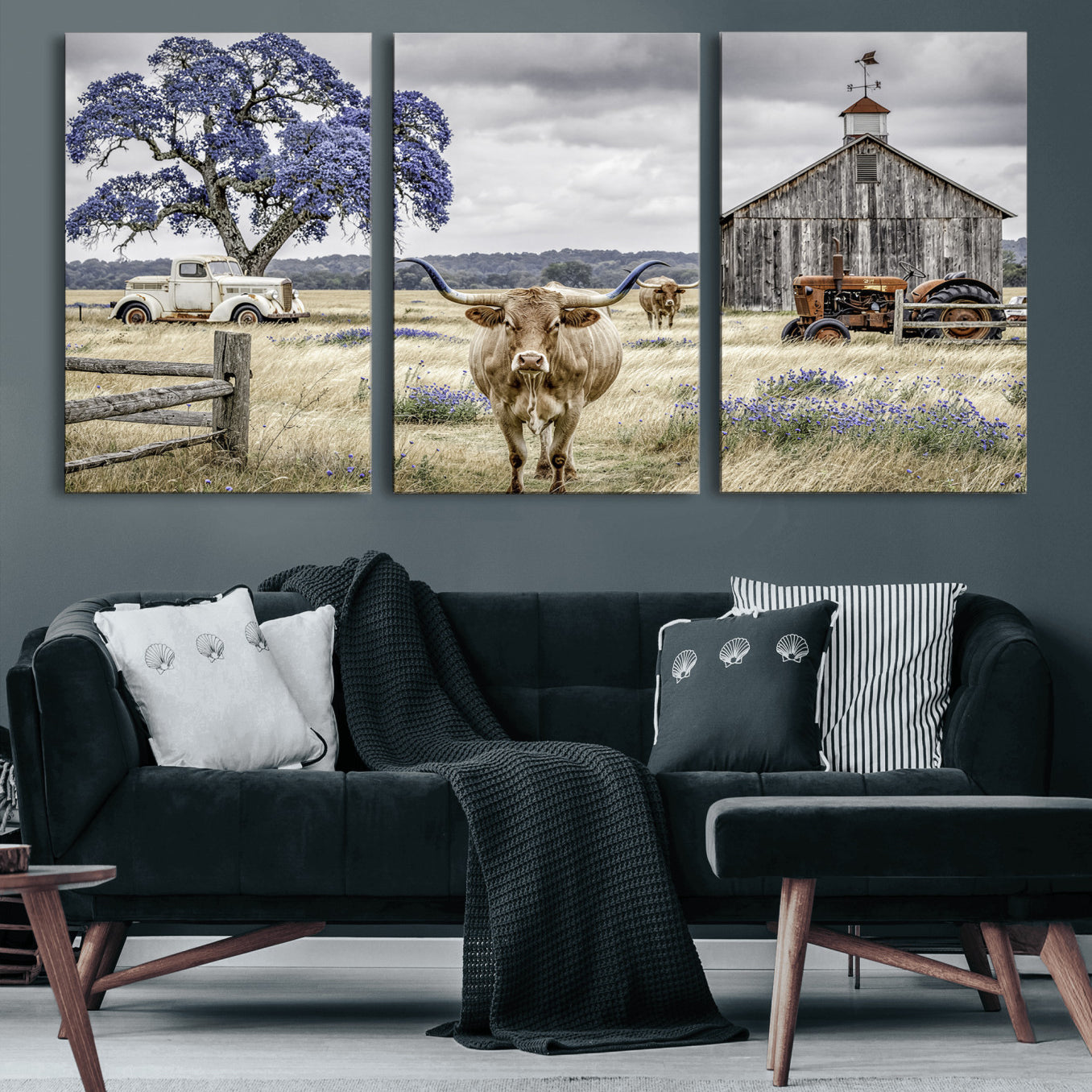 62336425-MGV-CV-60X30-3P - Texas Longhorn Canvas Wall Art, Rustic Farm Barn Bluebonnet Photography Print, Farmhouse Country Decor, Western Ranch Art, Old Truck Tractor Print