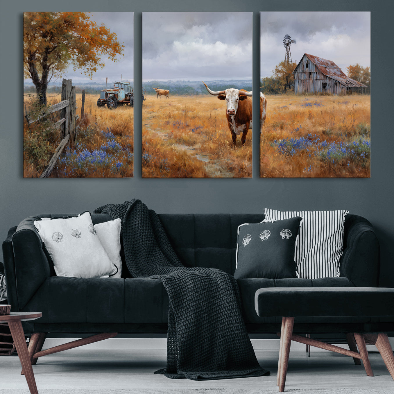 25324907-MGV-CV-60X30-3P - Texas Longhorn Canvas Wall Art, Rustic Farm Barn Bluebonnet Photography Print, Farmhouse Country Decor, Western Ranch Art, Old Truck Tractor Print