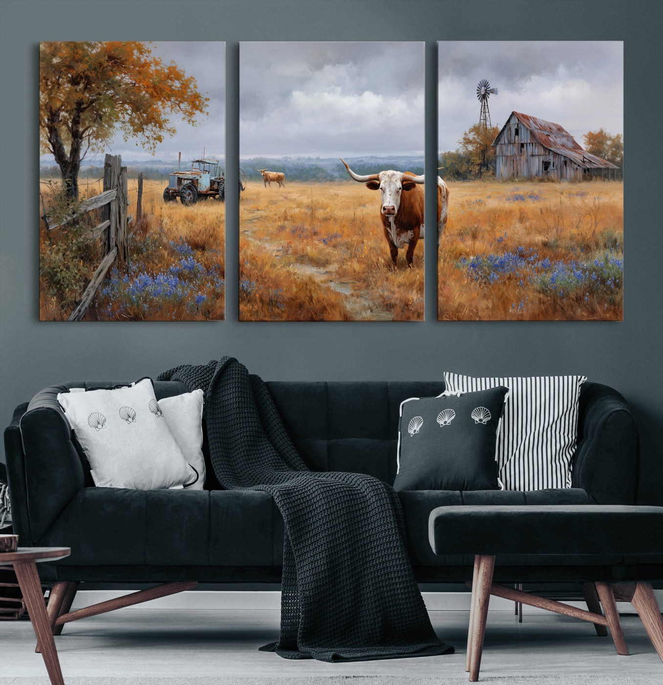 25324907-MGV-CV-60X30-3P - Texas Longhorn Canvas Wall Art, Rustic Farm Barn Bluebonnet Photography Print, Farmhouse Country Decor, Western Ranch Art, Old Truck Tractor Print