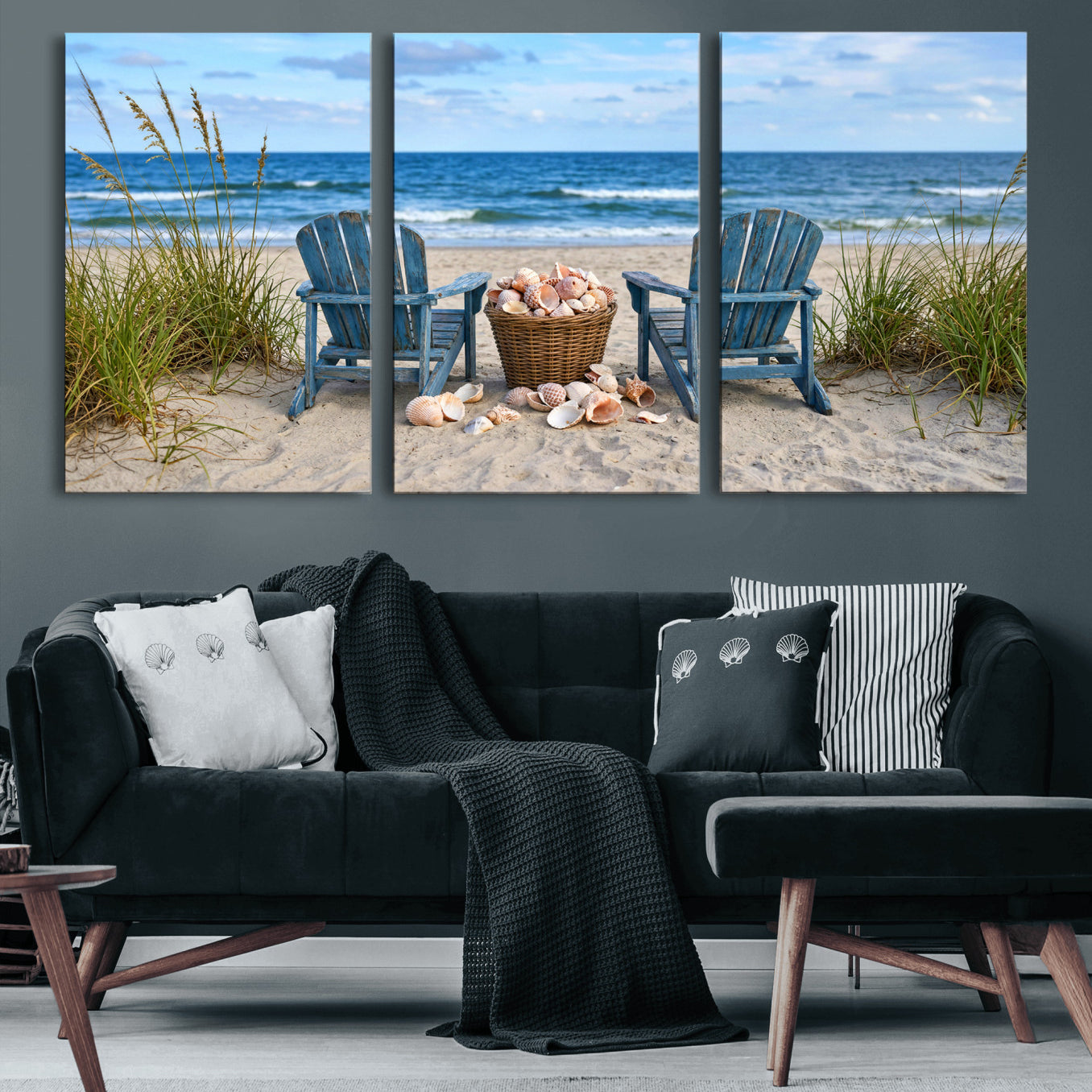 80268829-MGV-CV-36X24 - Large Beach Canvas Wall Art Coastal Adirondack Chairs Ocean Seashells Blue Nautical Framed Large for Living Room Bedroom Bathroom Decor