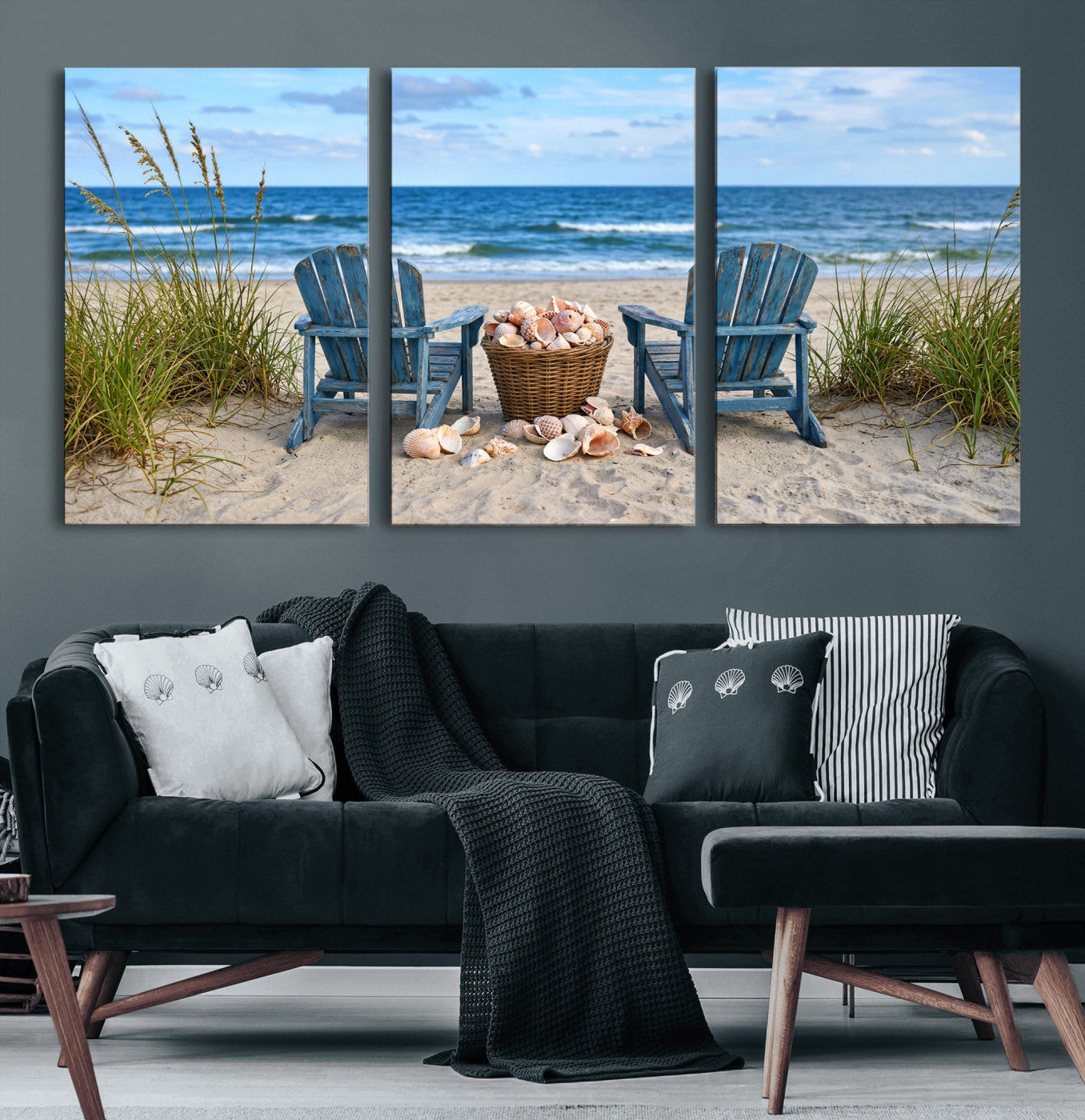 80268829-MGV-CV-36X24 - Large Beach Canvas Wall Art Coastal Adirondack Chairs Ocean Seashells Blue Nautical Framed Large for Living Room Bedroom Bathroom Decor