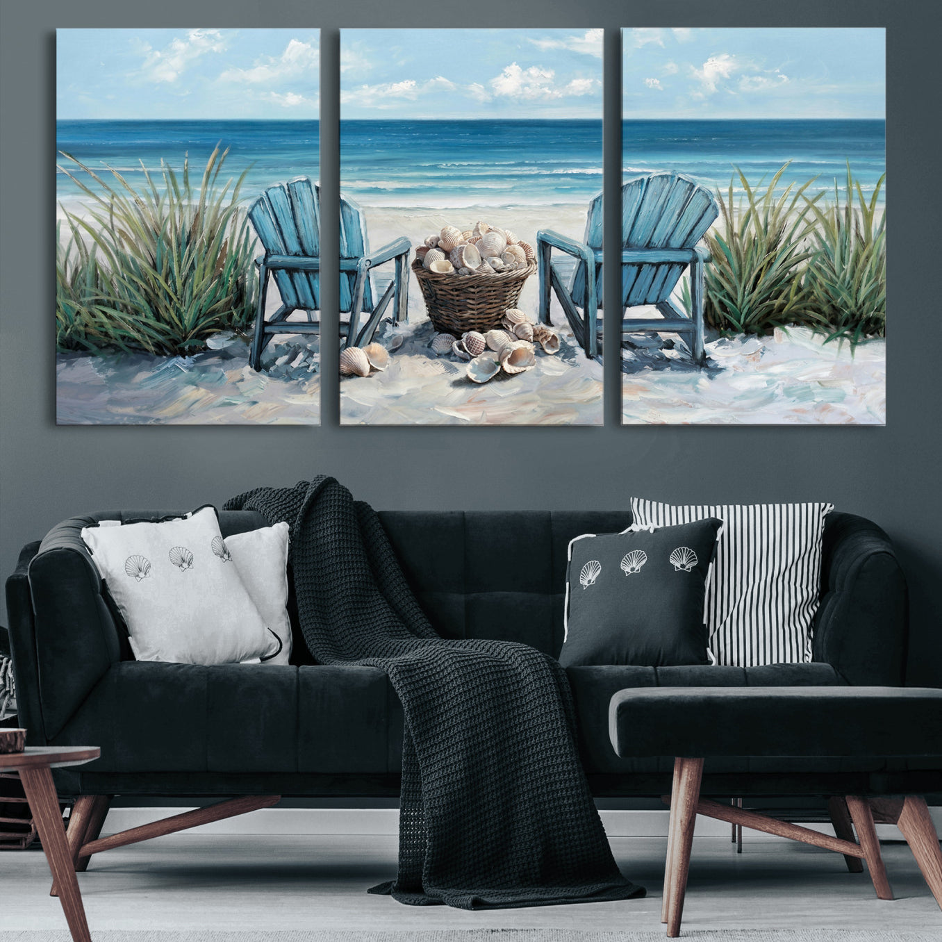 11973028-MGV-CV-36X24 - Beach Canvas Wall Art Coastal Adirondack Chairs Ocean Seashells Blue Nautical Framed Large for Living Room Bedroom Bathroom Decor