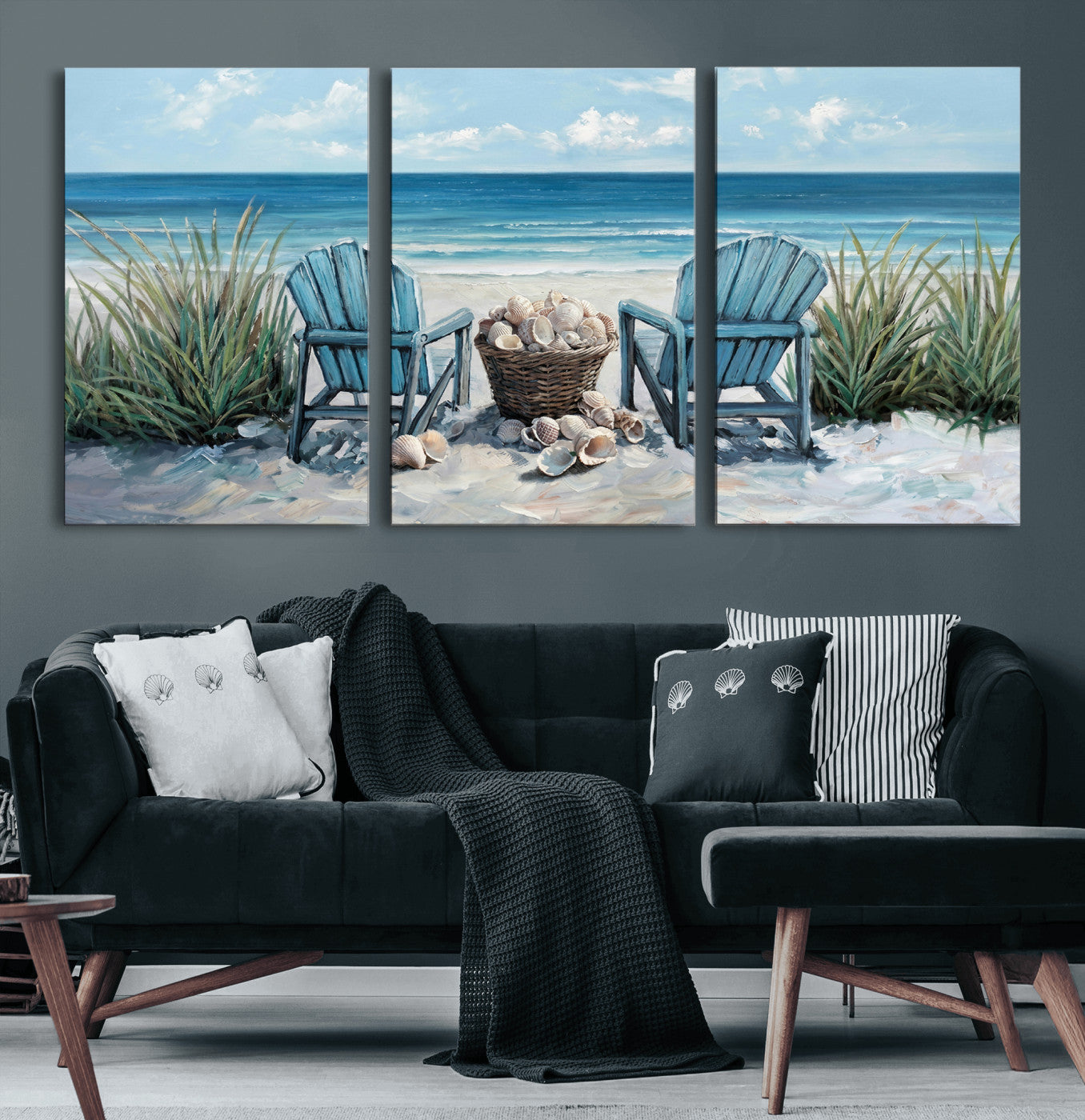 11973028-MGV-CV-36X24 - Beach Canvas Wall Art Coastal Adirondack Chairs Ocean Seashells Blue Nautical Framed Large for Living Room Bedroom Bathroom Decor