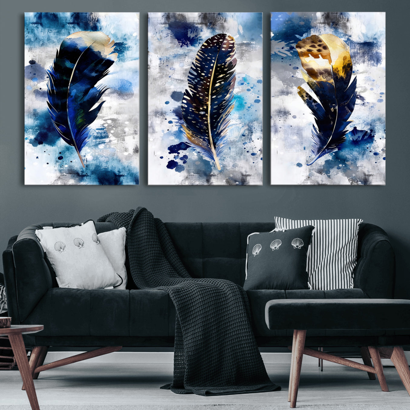 74325132F-MGV-CV-60X30-3P - Feather Canvas Wall Art Navy Blue Gold Watercolor Abstract Boho Eclectic Framed Large for Living Room Bedroom Office Entryway Decor