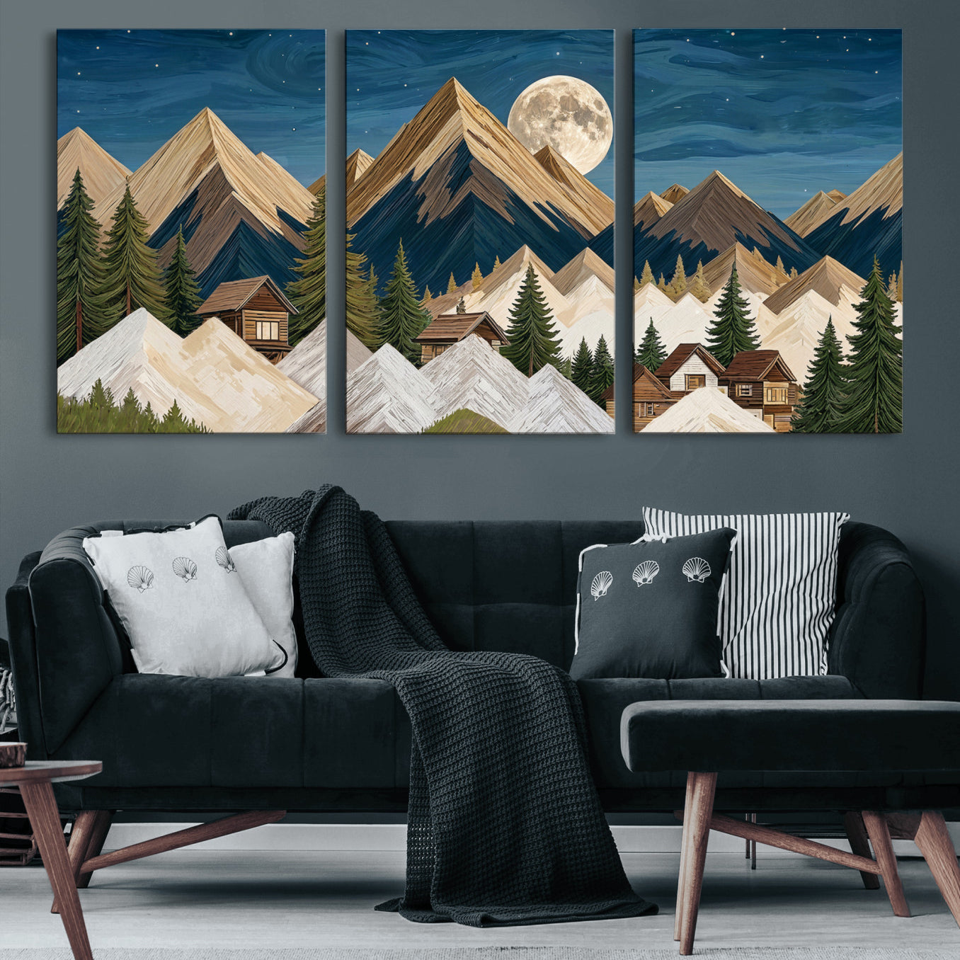 17622011MO-MGV-CV-60X30-3P - Moonlit Mountain Cabin Wall Art Canvas Print, Rustic Mountain Landscape Canvas Print, Woodland Cabin Wall Decor, Framed Nature Artwork Ready to Hang