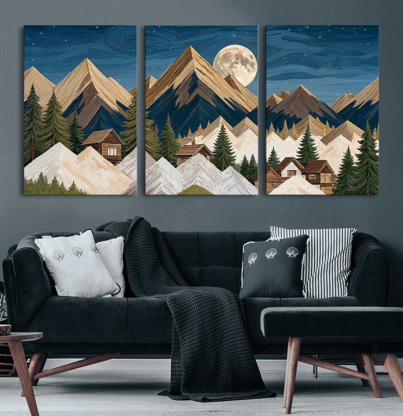 17622011MO-MGV-CV-60X30-3P - Moonlit Mountain Cabin Wall Art Canvas Print, Rustic Mountain Landscape Canvas Print, Woodland Cabin Wall Decor, Framed Nature Artwork Ready to Hang