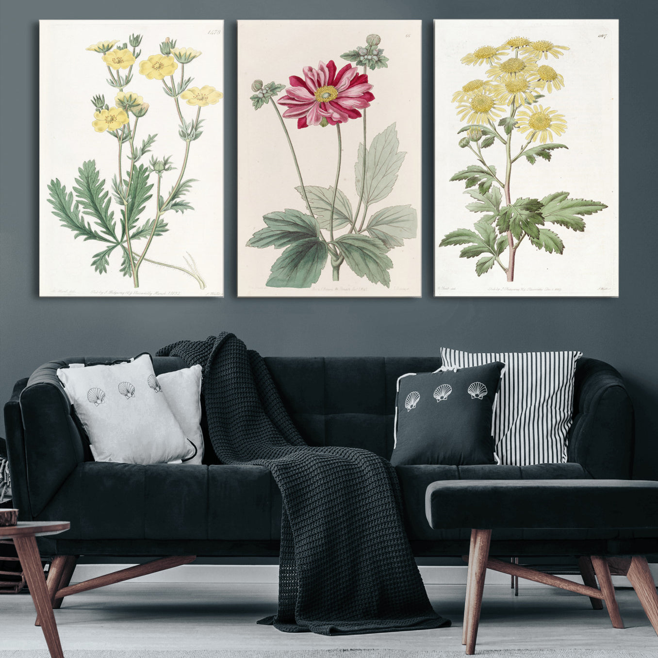 17622011MF-MGV-CV-60X30-3P - Antique Botanical Canvas Wall Art, Victorian Flower Illustration Triptych Print, Cottagecore Vintage Botanical Decor