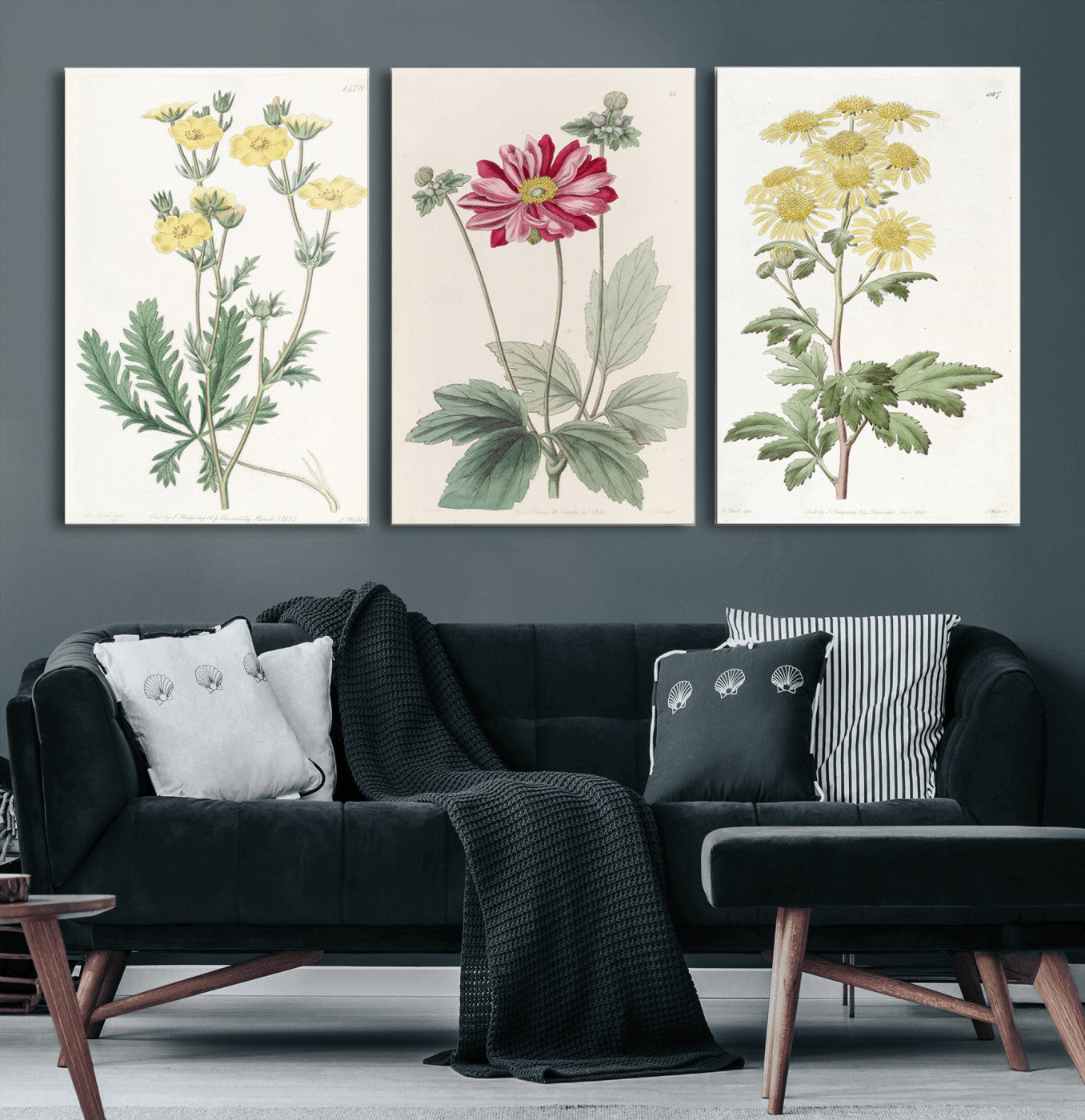 17622011MF-MGV-CV-60X30-3P - Antique Botanical Canvas Wall Art, Victorian Flower Illustration Triptych Print, Cottagecore Vintage Botanical Decor