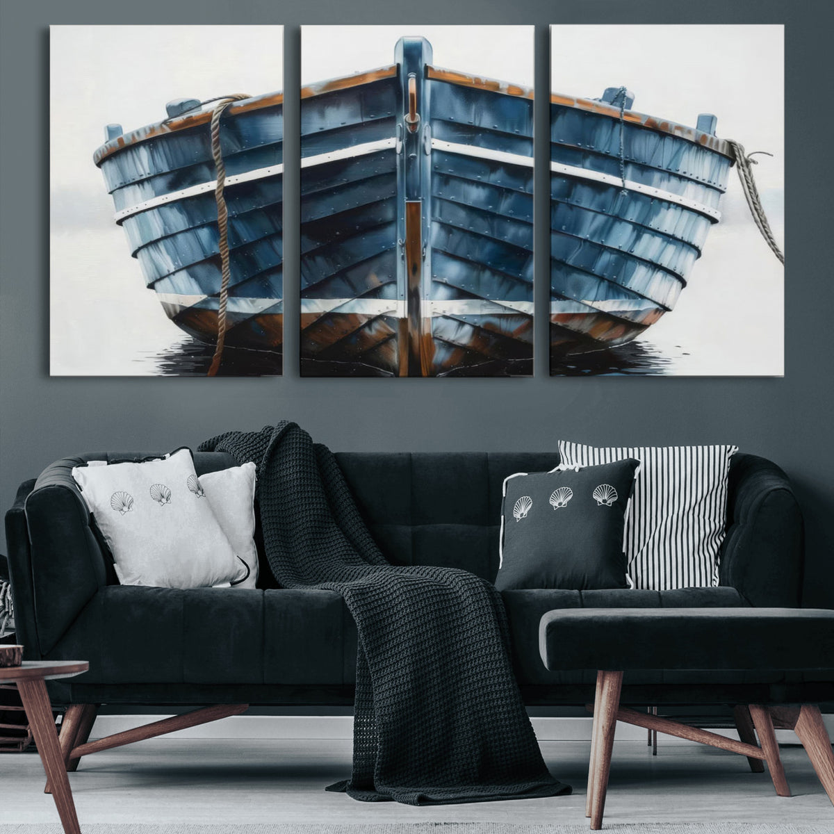 21601740-MGV-CV-36X24 - Blue Wooden Rowboat Canvas Wall Art, Coastal Nautical Boat Painting Print for Lake Beach House Decor, Minimalist Maritime Decor Artwork
