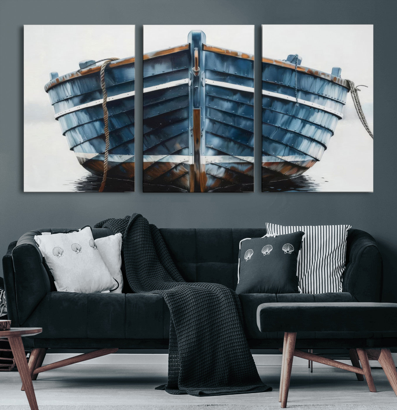 21601740-MGV-CV-36X24 - Blue Wooden Rowboat Canvas Wall Art, Coastal Nautical Boat Painting Print for Lake Beach House Decor, Minimalist Maritime Decor Artwork