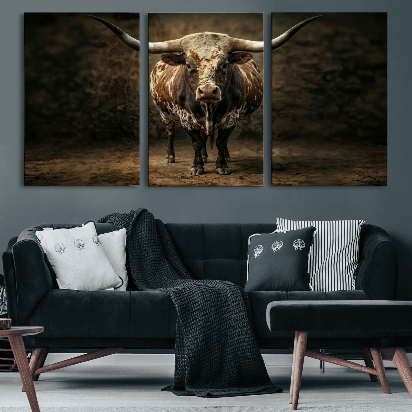 59378683-MGV-CV-60X30-3P - Texas Longhorn Bull Canvas Wall Art, Western Ranch Cattle Photography Print, Rustic Farmhouse Cowboy Decor Artwork