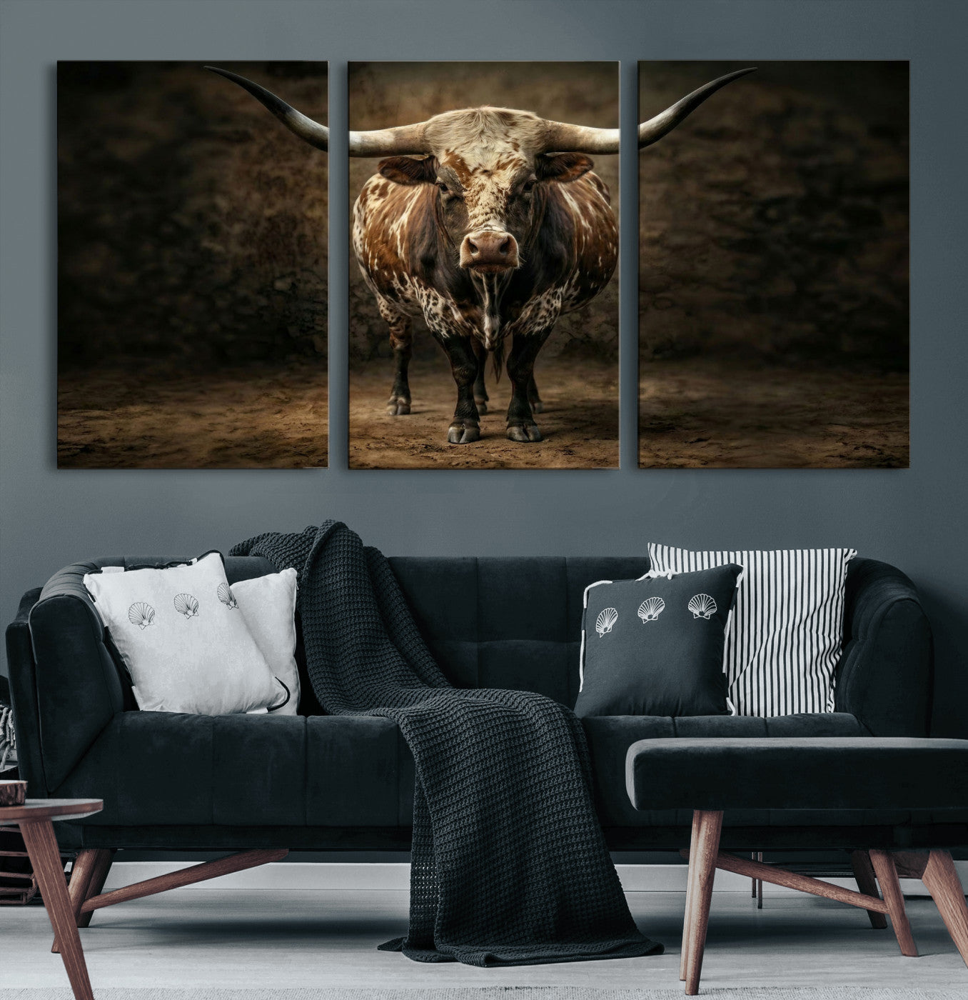 59378683-MGV-CV-60X30-3P - Texas Longhorn Bull Canvas Wall Art, Western Ranch Cattle Photography Print, Rustic Farmhouse Cowboy Decor Artwork