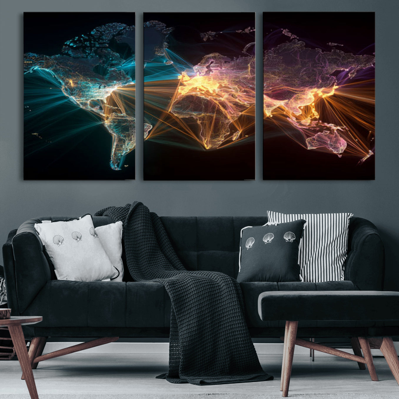 14891737-MGV-CV-36X24 - World Map and Global Flight Routes Map Canvas Wall Art, Worldwide Aviation Network Print, International Air Travel Wall Decor