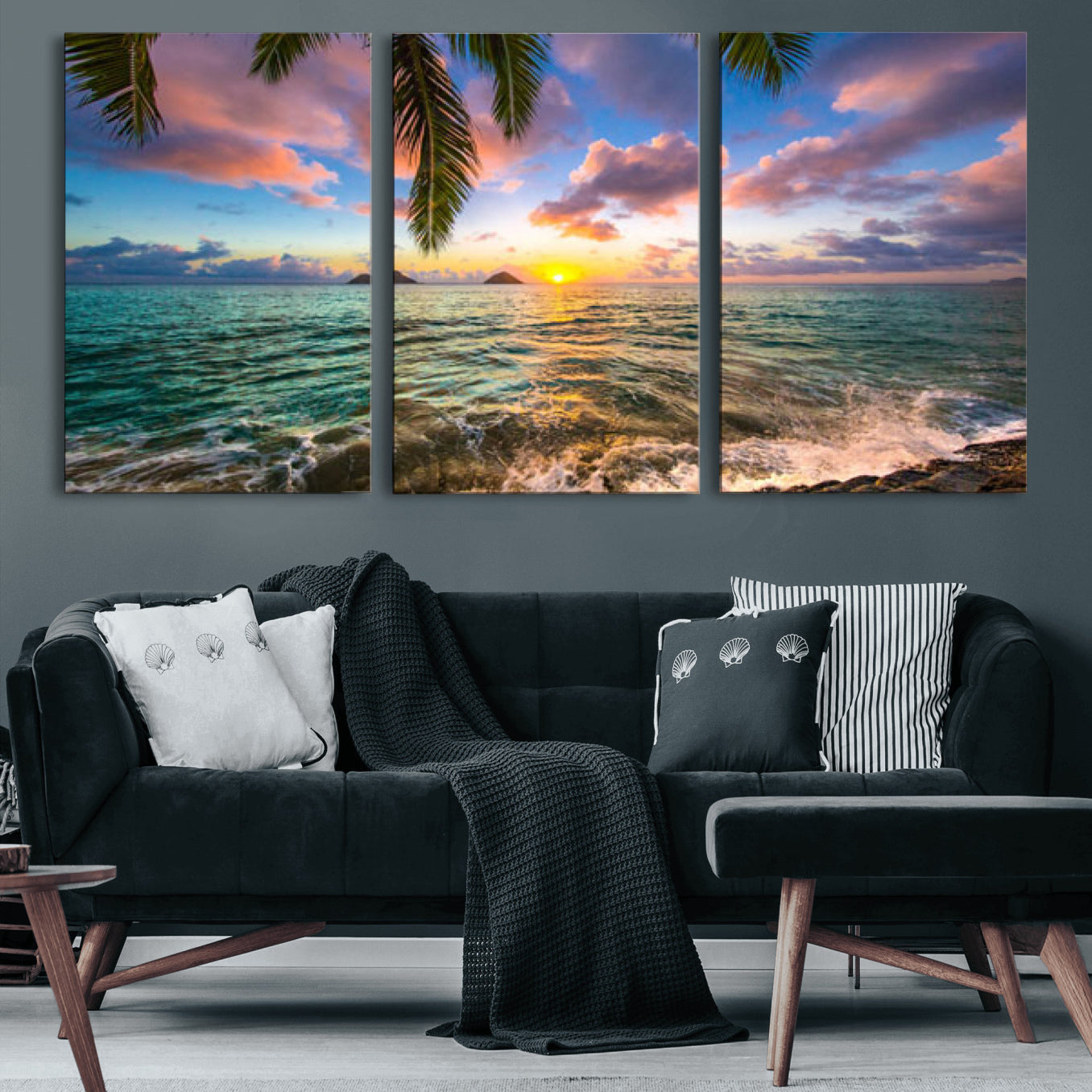 13207742-MGV-CV-36X24 - Hawaii Beach Sunset Canvas Wall Art Print, Tropical Ocean Landscape Artwork, Palm Tree Coastal Decor for Living Room Bedroom