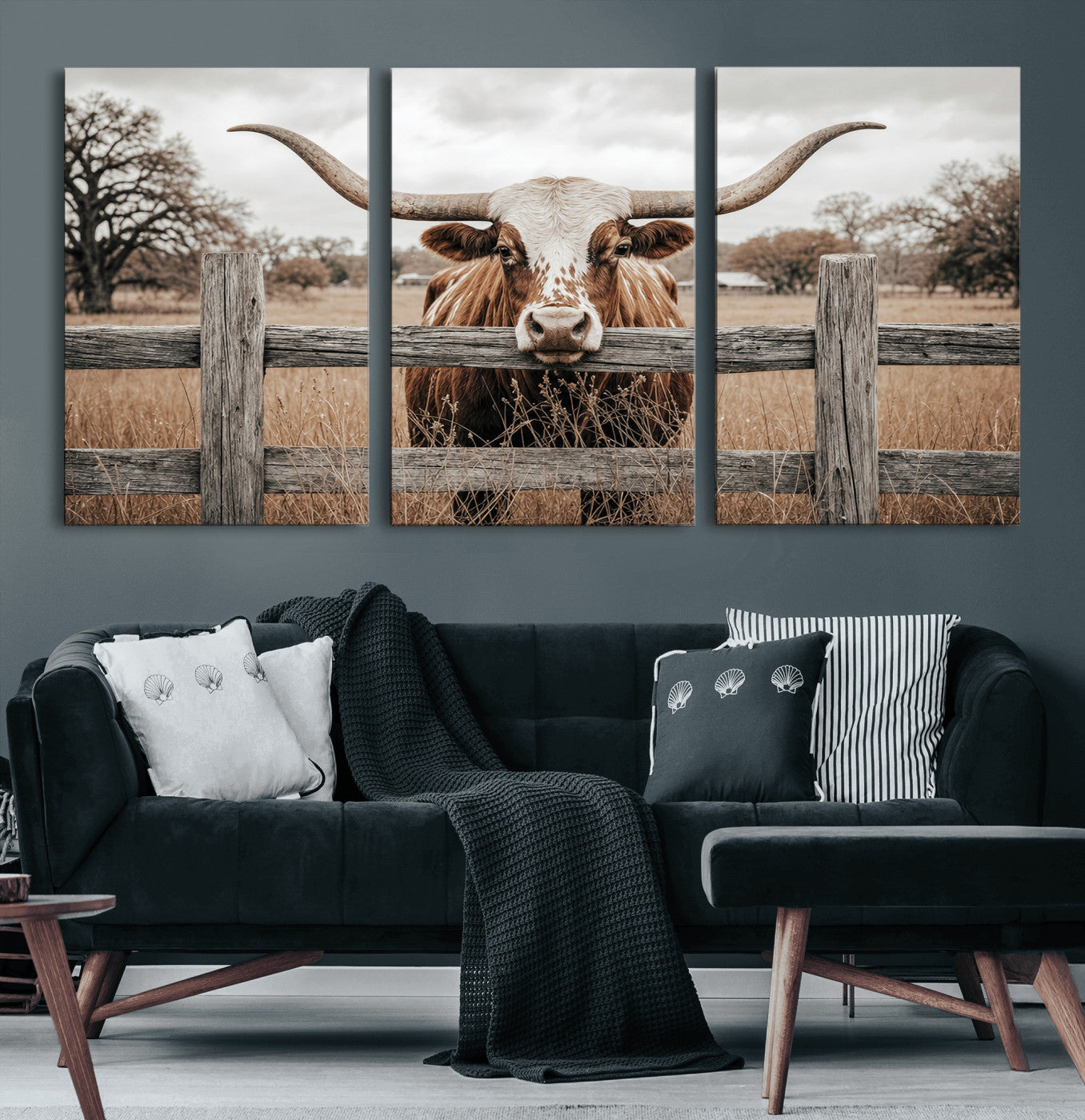 59378683N-MGV-CV-60X30-3P - Farmhouse Texas Longhorn Bull Canvas Wall Art, Western Ranch Cattle Photography Print, Rustic Barn Cowboy Decor Artwork
