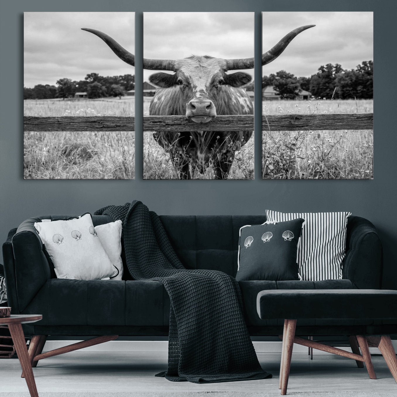 59378683-MGV-CV-60X30-3P - Black White Texas Longhorn Bull Canvas Wall Art, Western Ranch Cattle Photography Print, Rustic Farmhouse Cowboy Decor Artwork