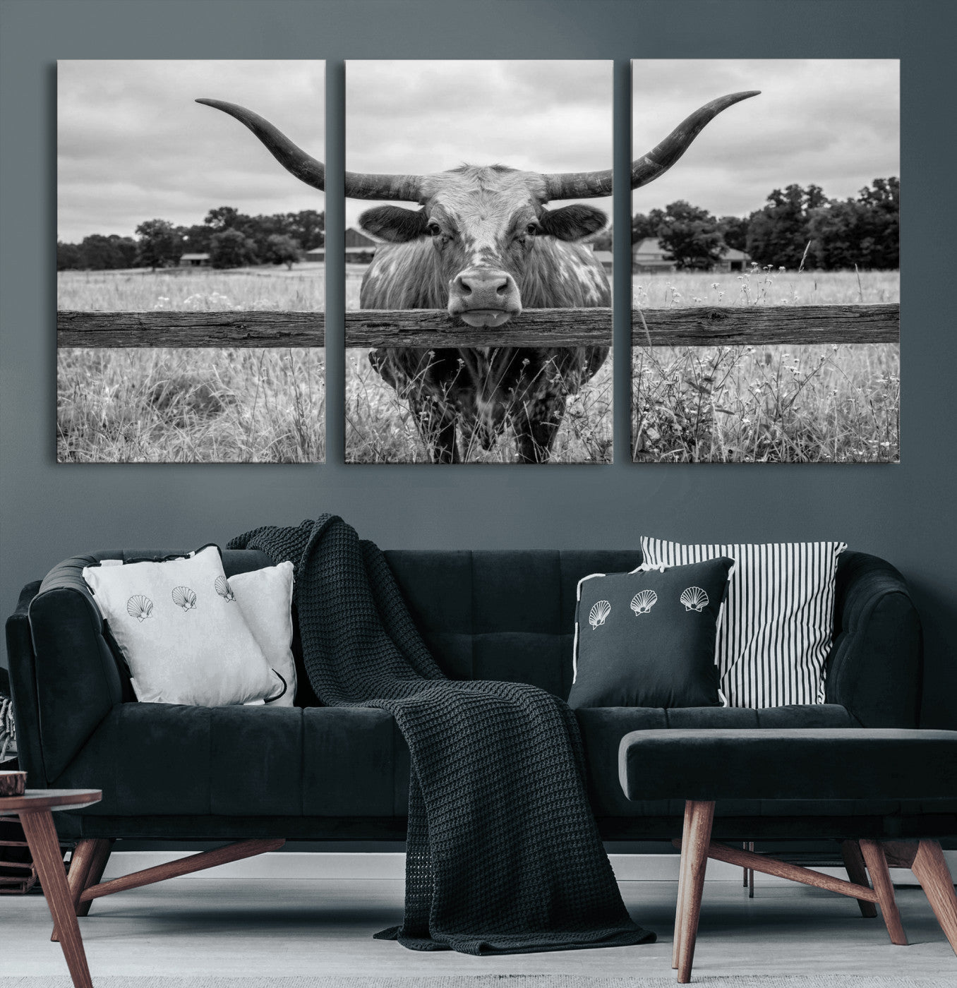 59378683-MGV-CV-60X30-3P - Black White Texas Longhorn Bull Canvas Wall Art, Western Ranch Cattle Photography Print, Rustic Farmhouse Cowboy Decor Artwork