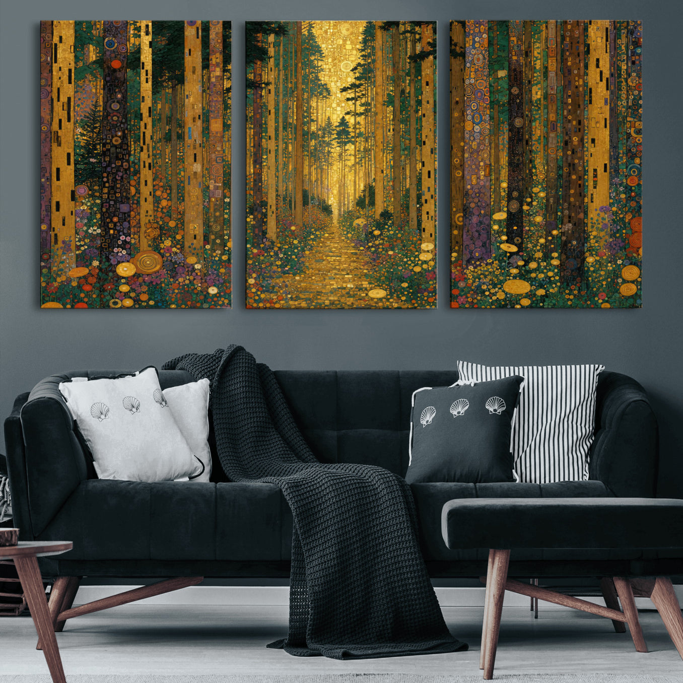 79483321G-MGV-CV-48X32-3P - Gustav Klimt Style Forest Canvas Wall Art, Golden Forest Path Floral Art Nouveau Print, Enchanted Woodland Decor