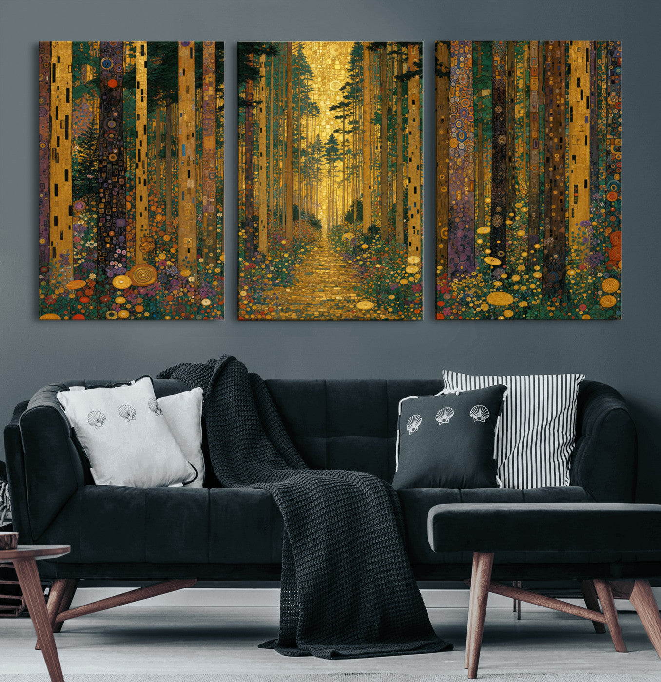 79483321G-MGV-CV-48X32-3P - Gustav Klimt Style Forest Canvas Wall Art, Golden Forest Path Floral Art Nouveau Print, Enchanted Woodland Decor