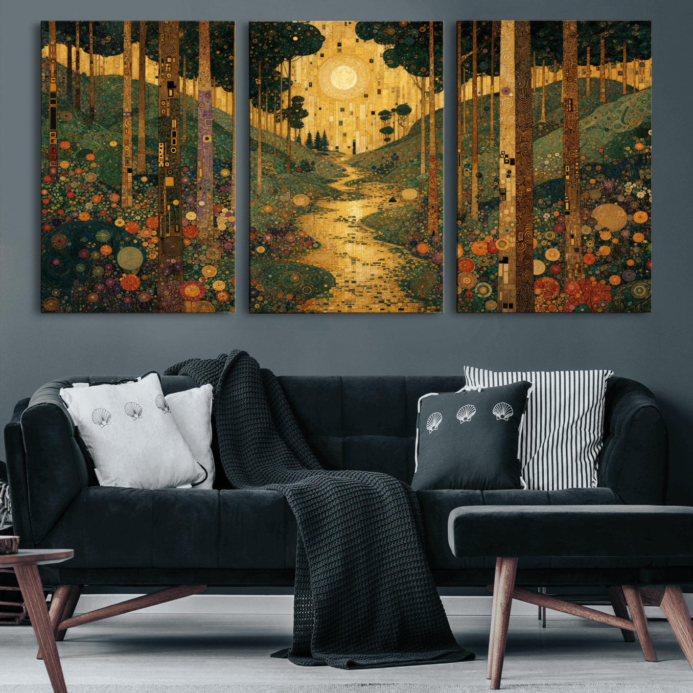 79483321GS-MGV-CV-48X32-3P - Gustav Klimt Style Forest Canvas Wall Art, Golden Forest Path Floral Art Nouveau Print, Enchanted Woodland Decor
