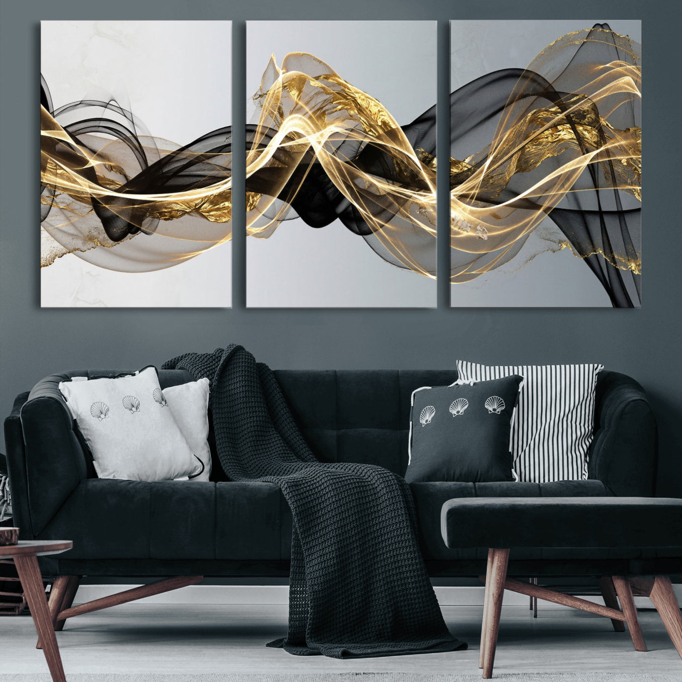 79483321DL-MGV-CV-36X24 - Black and Gold Abstract Wall Art, Modern Wave Canvas Print, Elegant Flowing Smoke Art, Luxury Living Room Decor
