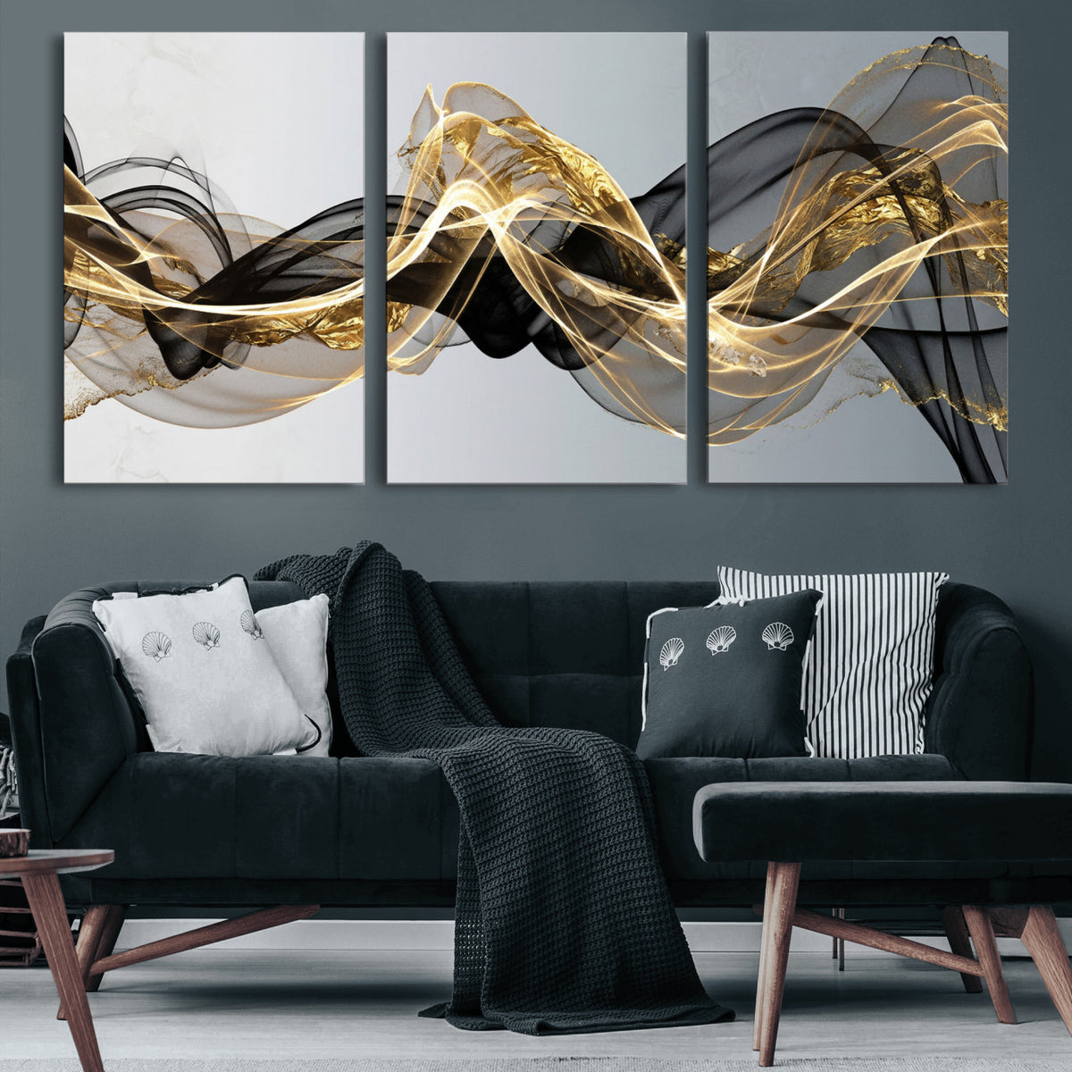 79483321DL-MGV-CV-36X24 - Black and Gold Abstract Wall Art, Modern Wave Canvas Print, Elegant Flowing Smoke Art, Luxury Living Room Decor