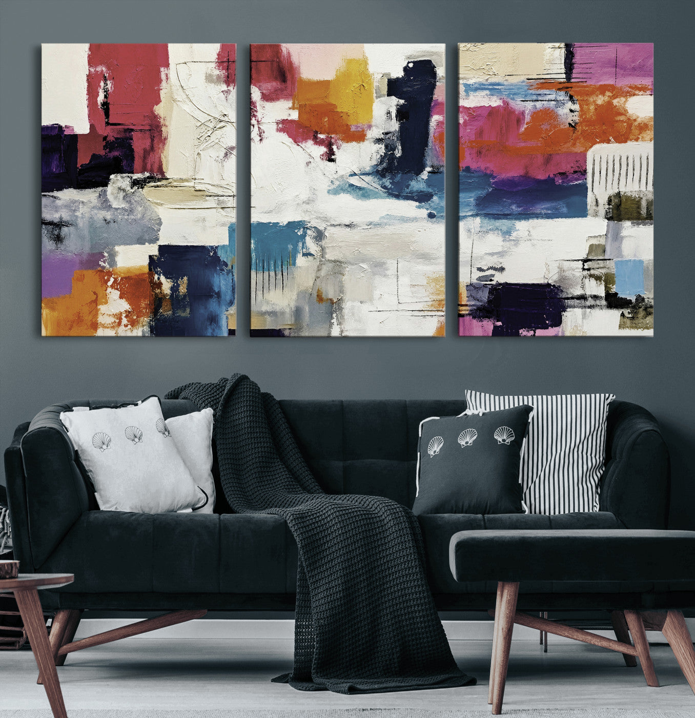 57864023-MGV-CV-36X24 - Blue Teal Abstract Canvas Wall Art, Modern Textured Painting Print, Navy Orange White Contemporary Art, Neutral Living Room Decor, Office Art