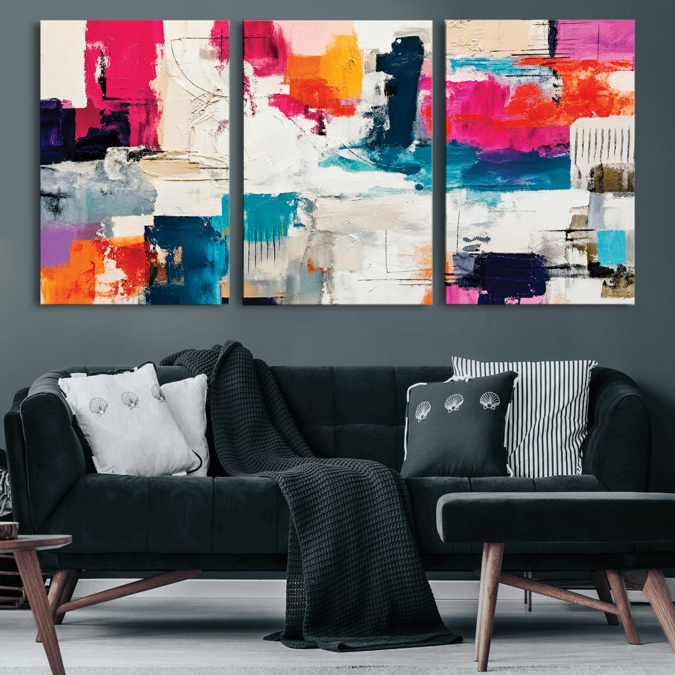 57864023-MGV-CV-36X24 - Blue Teal Abstract Canvas Wall Art | Modern Textured Painting Print, Navy Orange White Contemporary Art, Neutral Living Room Decor, Office Art