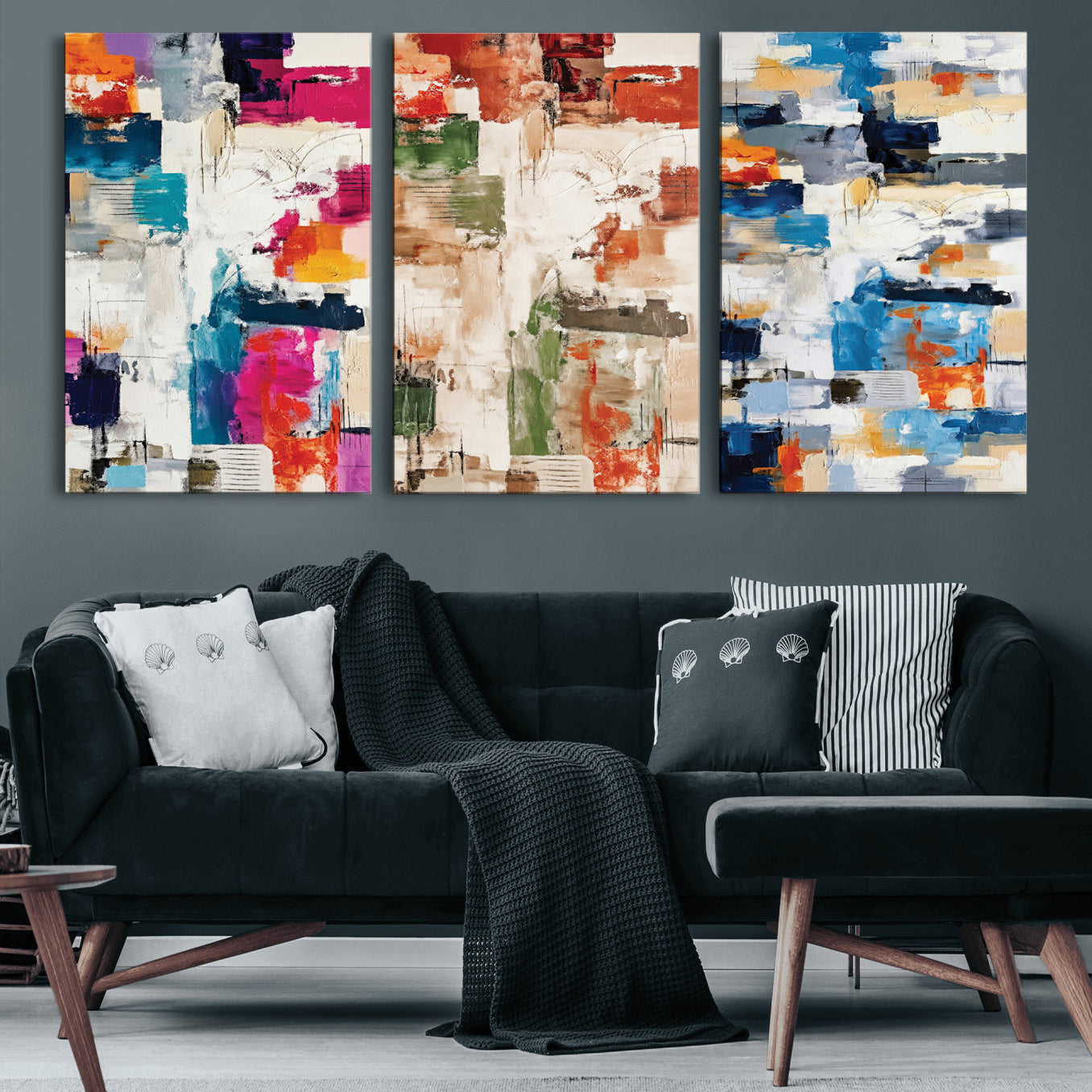 33267833-MGV-CV-60X30-3P - Blue Teal Abstract Canvas Wall Art, Modern Textured Painting Print, Navy Orange White Contemporary Art, Neutral Living Room Decor, Office Art